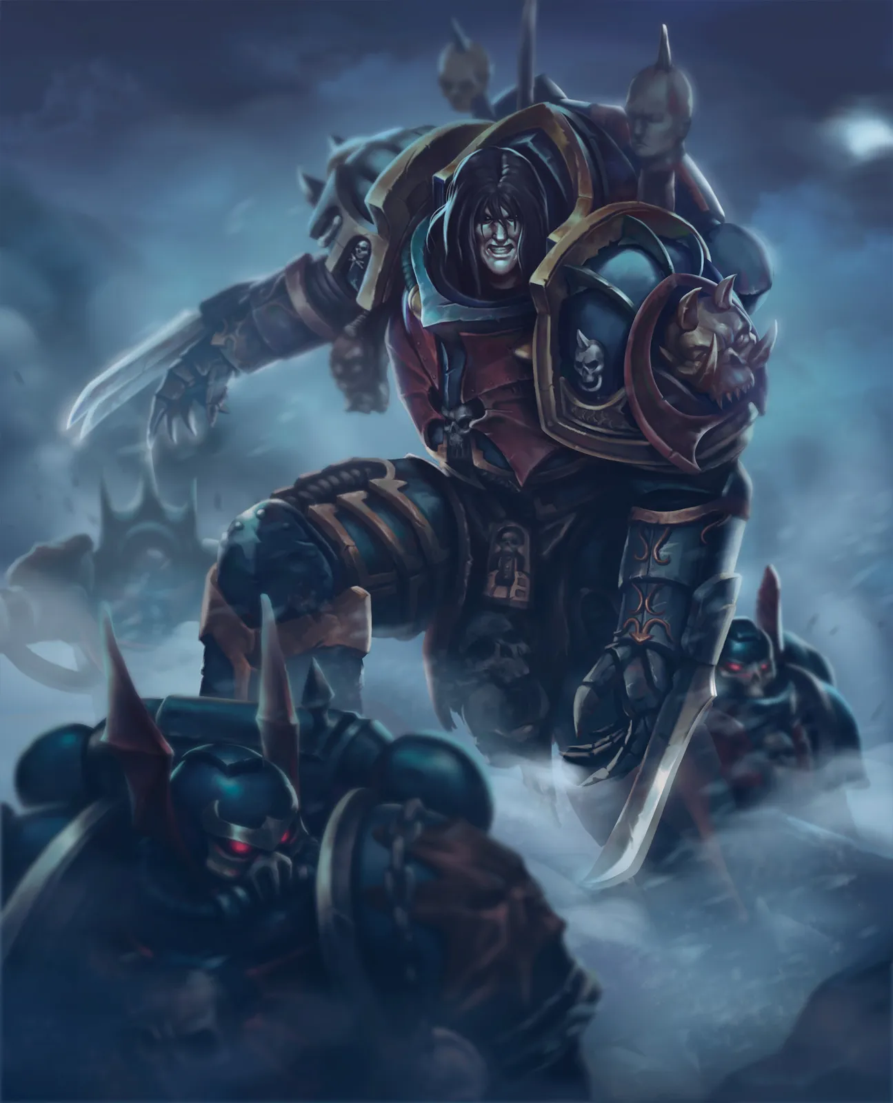 Konrad Curze, pale and black-haired, crouches in midnight-blue armor with bat-winged trim, lightning claws extended as his Night Lords advance through the mist