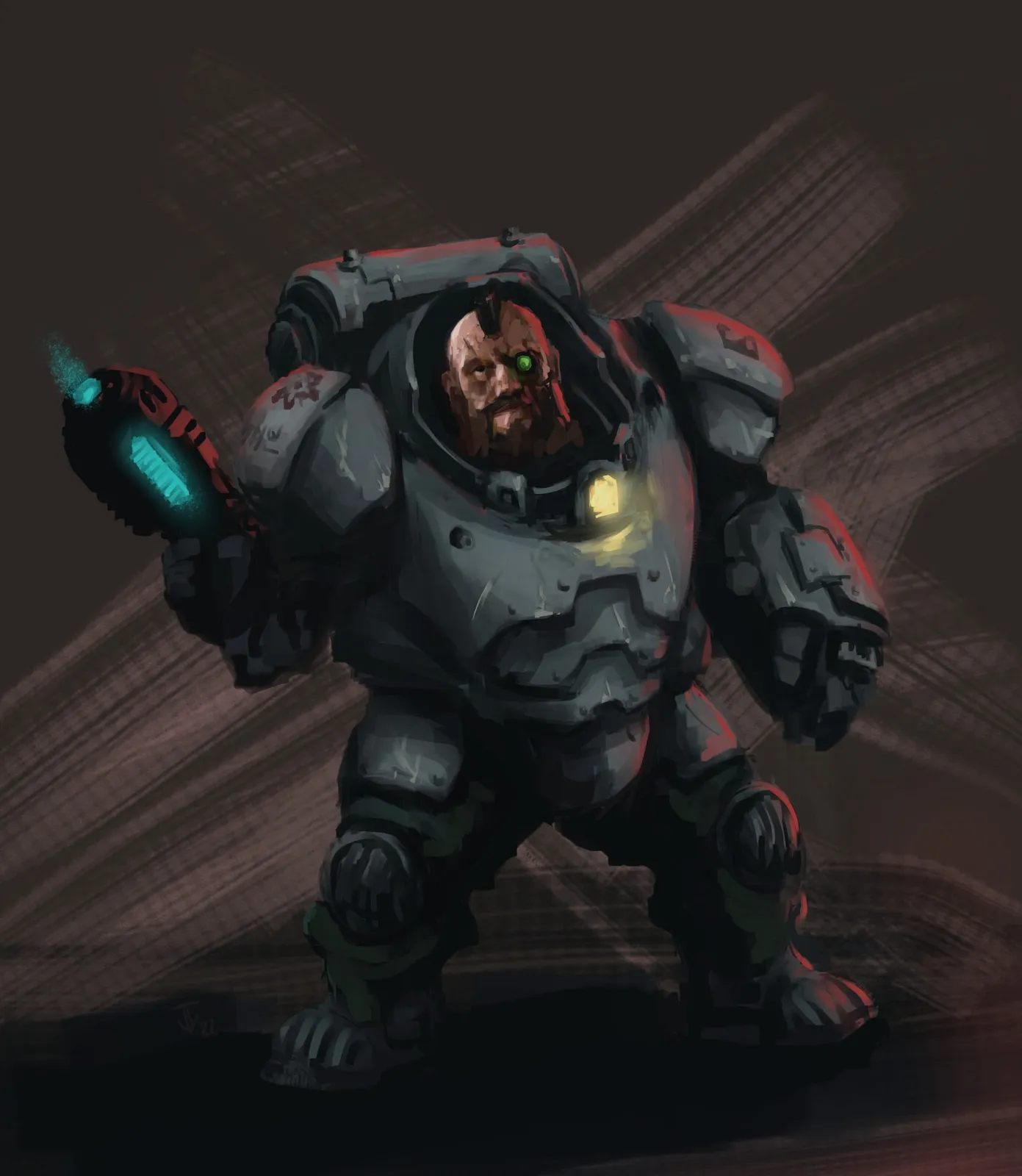 A heavily armored Kin warrior with a cybernetic eye stands ready, an ion weapon glowing in his hand