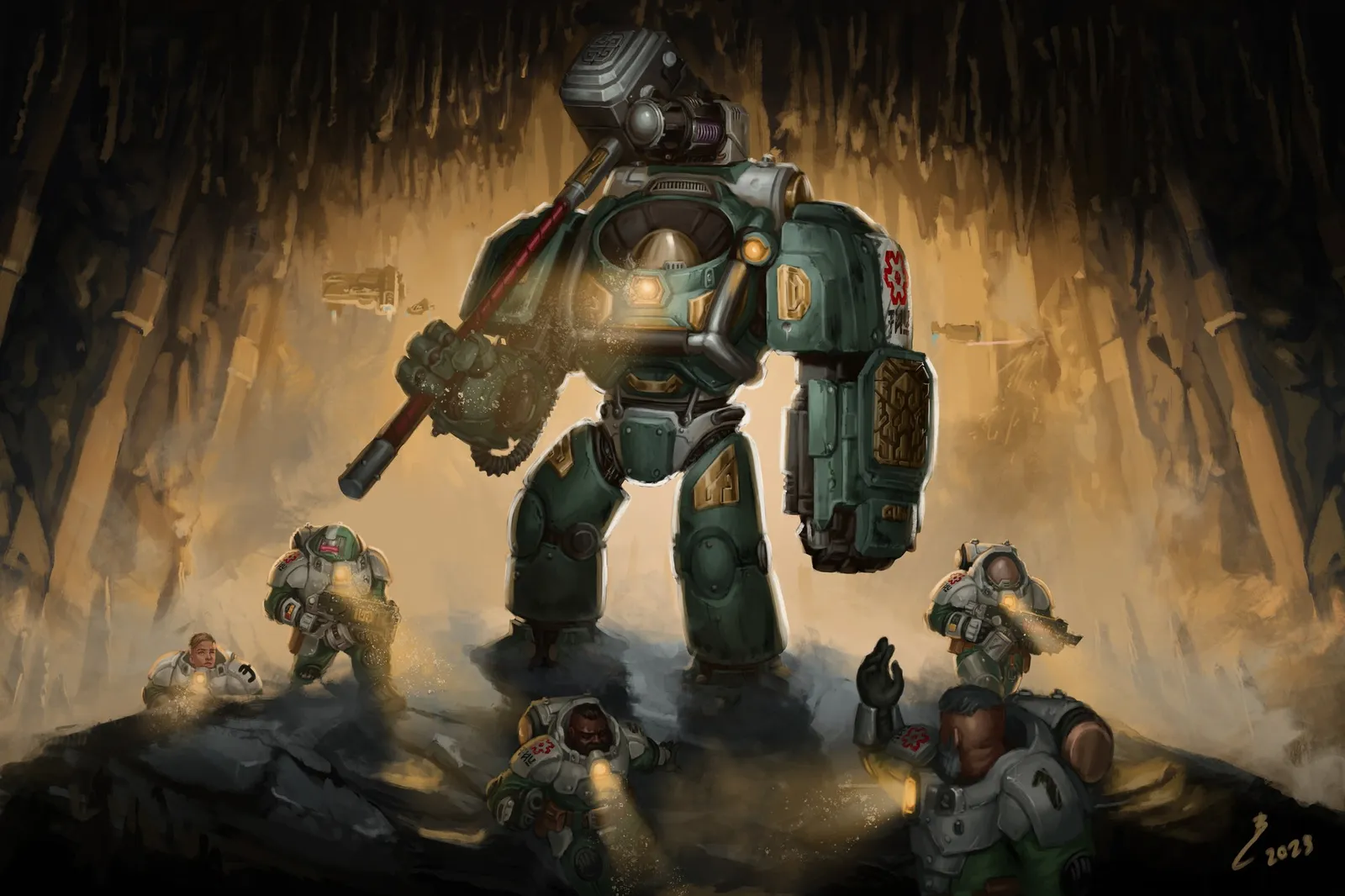 A fan-designed Ironkin war machine strides through a dusty cavern as armored Kin advance around its feet