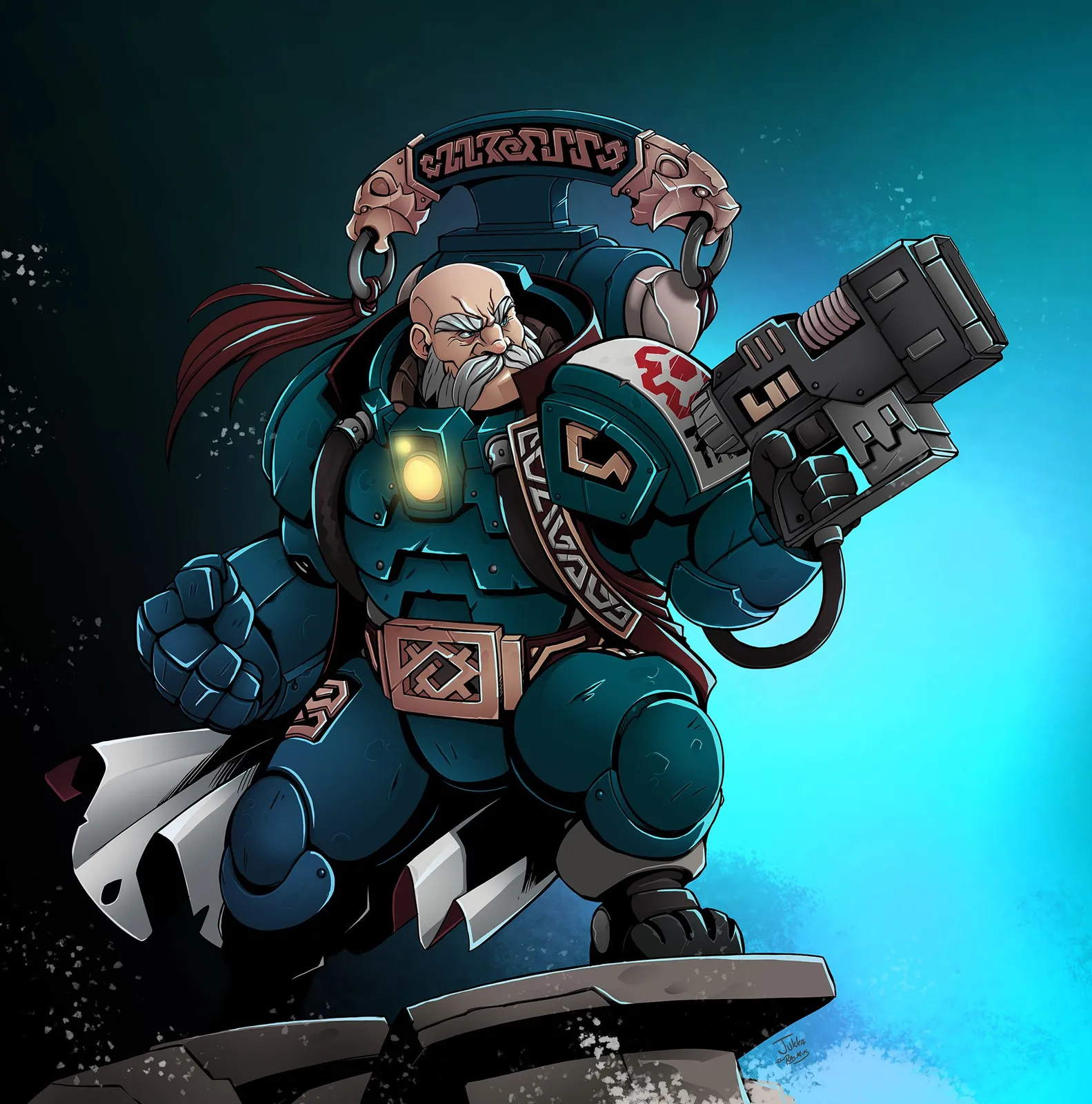 A grizzled Kâhl in teal armor, braided hair streaming behind him, brandishes a heavy gun and a massive gauntlet