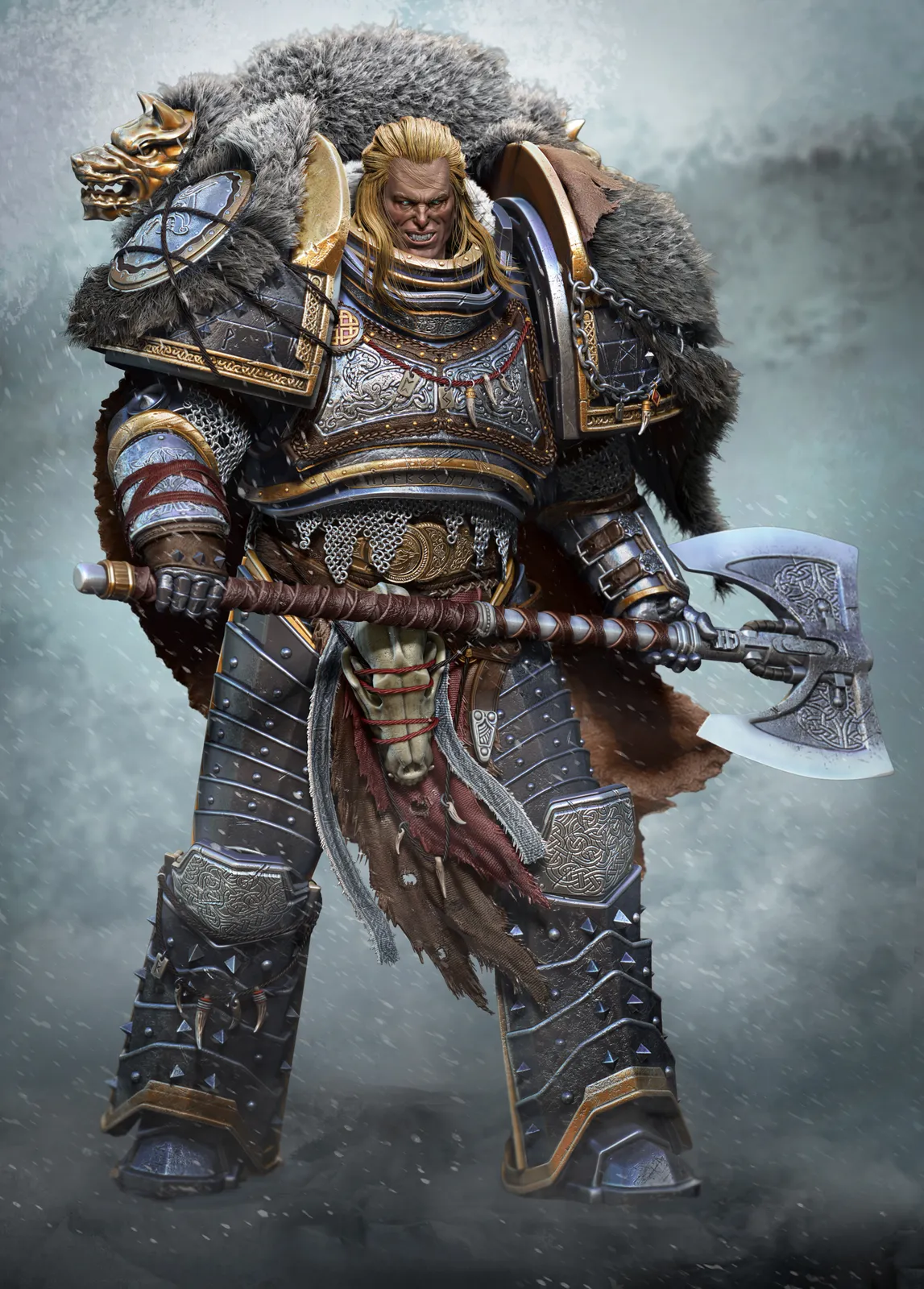 Leman Russ in his wolf-pelt war plate, frost axe in hand (fan sculpt)