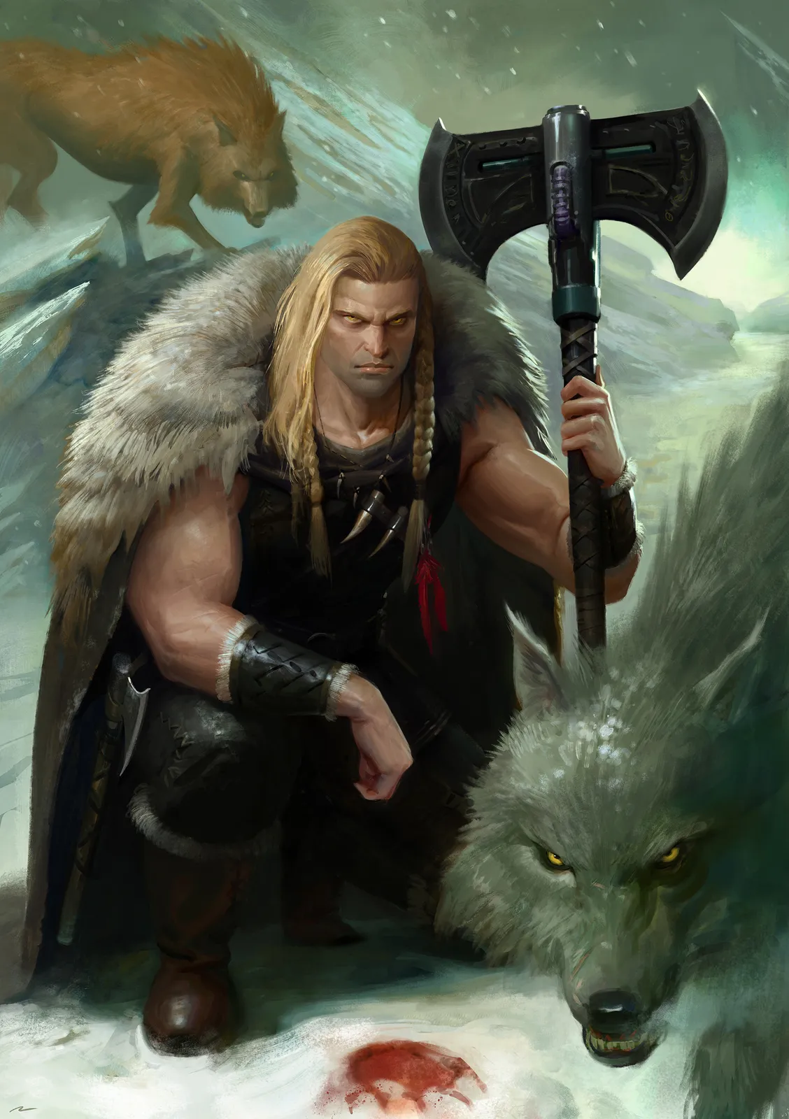 Leman Russ on the ice of Fenris with his wolves (illustration for Black Library's Warhawk limited edition)
