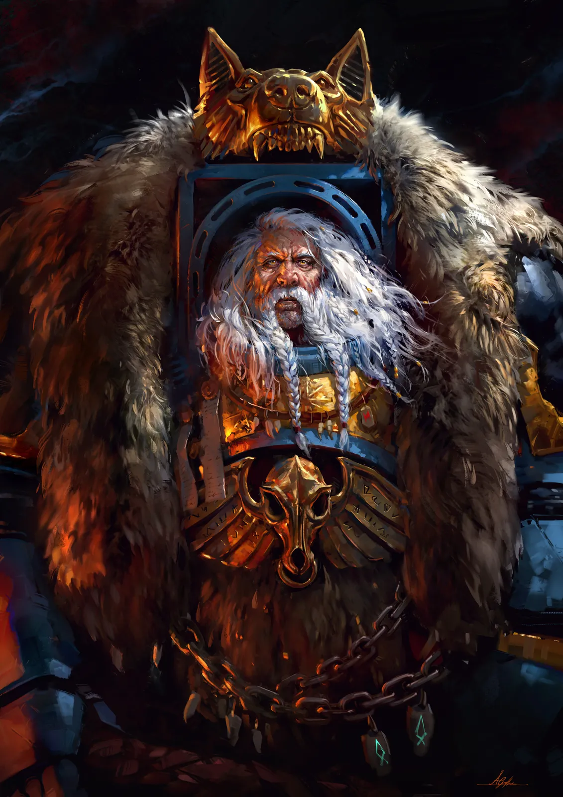Close portrait of Logan Grimnar with a long white beard, framed by a wolf-head helm and a heavy fur cloak