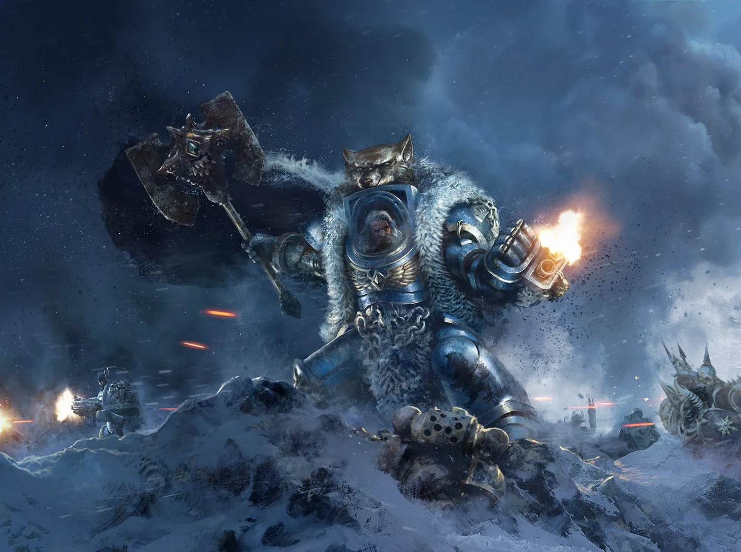 Logan Grimnar in wolf-pelt-draped Terminator armor charges through snow and gunfire, axe raised