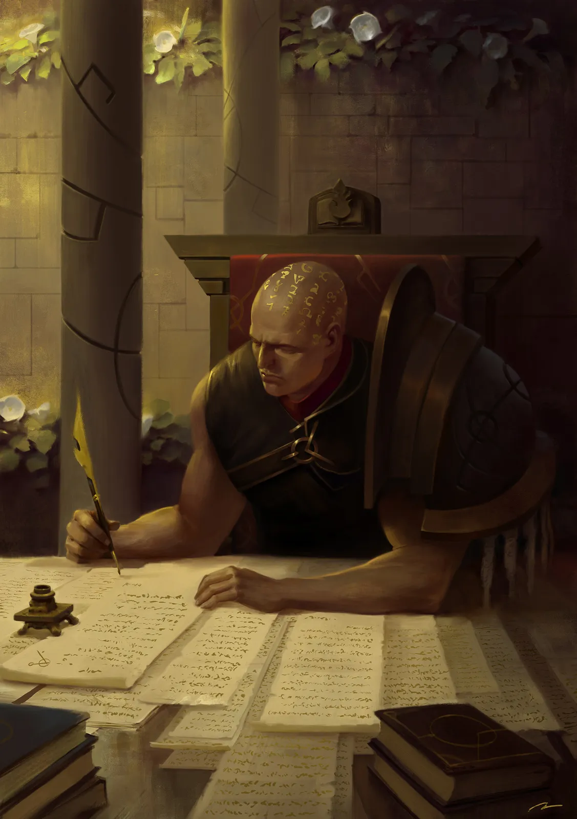 Lorgar, his scalp covered in golden script, writes scripture with a quill at a desk strewn with parchment in a sunlit stone hall