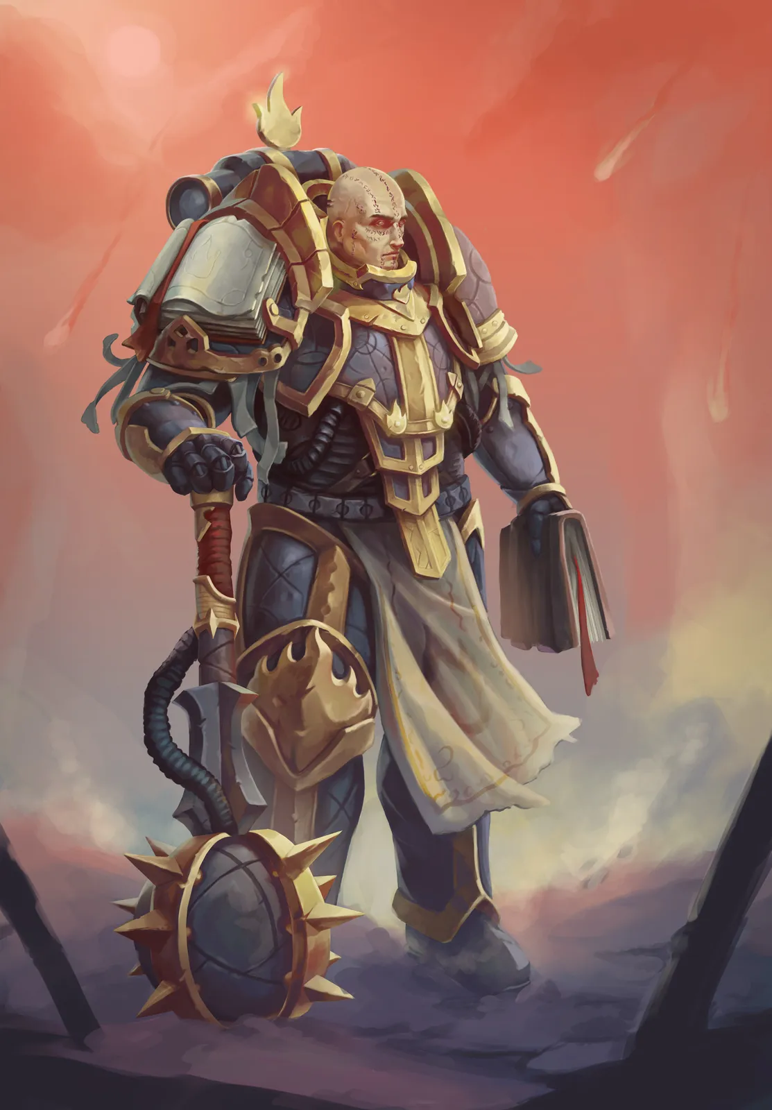 Lorgar Aurelian in grey and gold Great Crusade-era power armor, holding a spiked crozius maul and a book, a red sky behind him