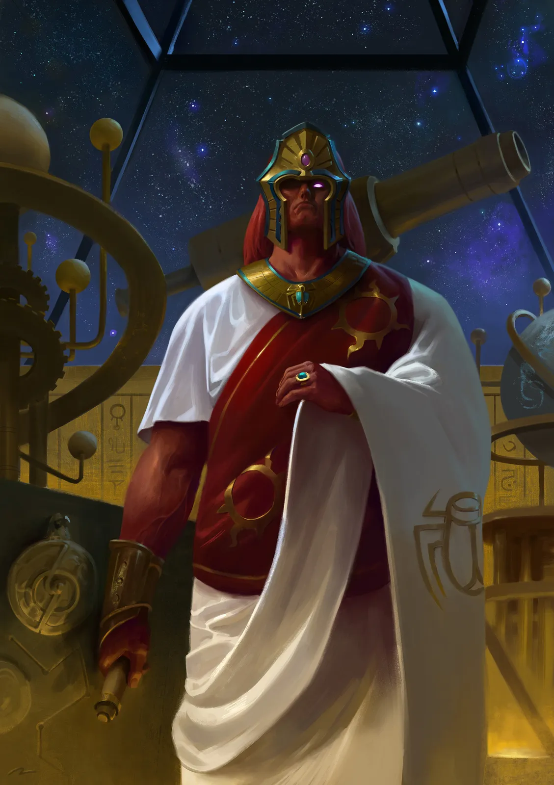Magnus the Red in white and crimson robes and a golden Egyptian-style helm, standing in an observatory full of brass orreries and telescopes