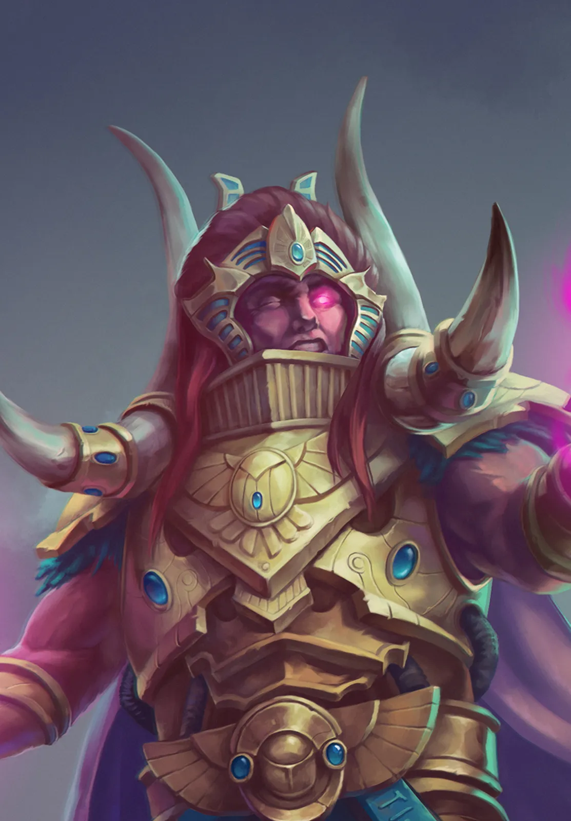 Magnus the Red as a horned Daemon Primarch in ornate golden Egyptian-style armor, his single eye glowing pink with Warp power