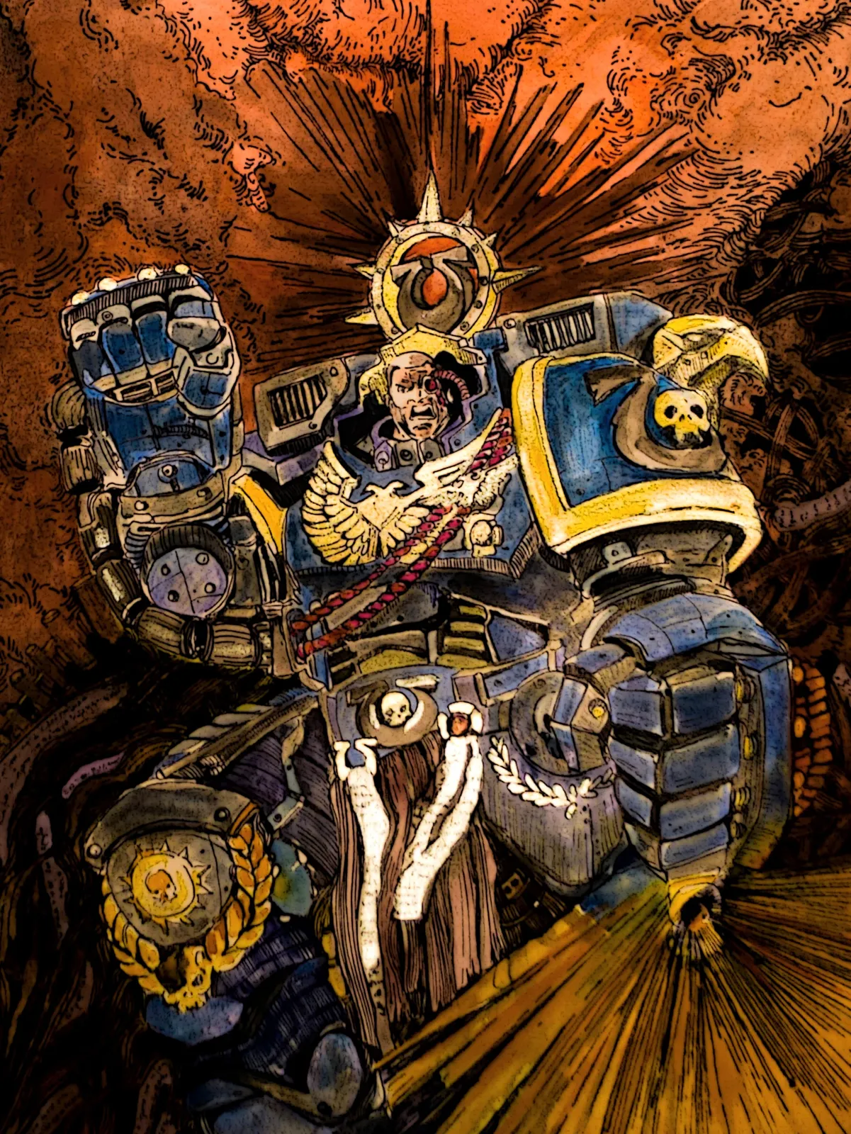 Marneus Calgar in ornate armor with a golden halo, illustrated in a bold comic-book style (fan art)