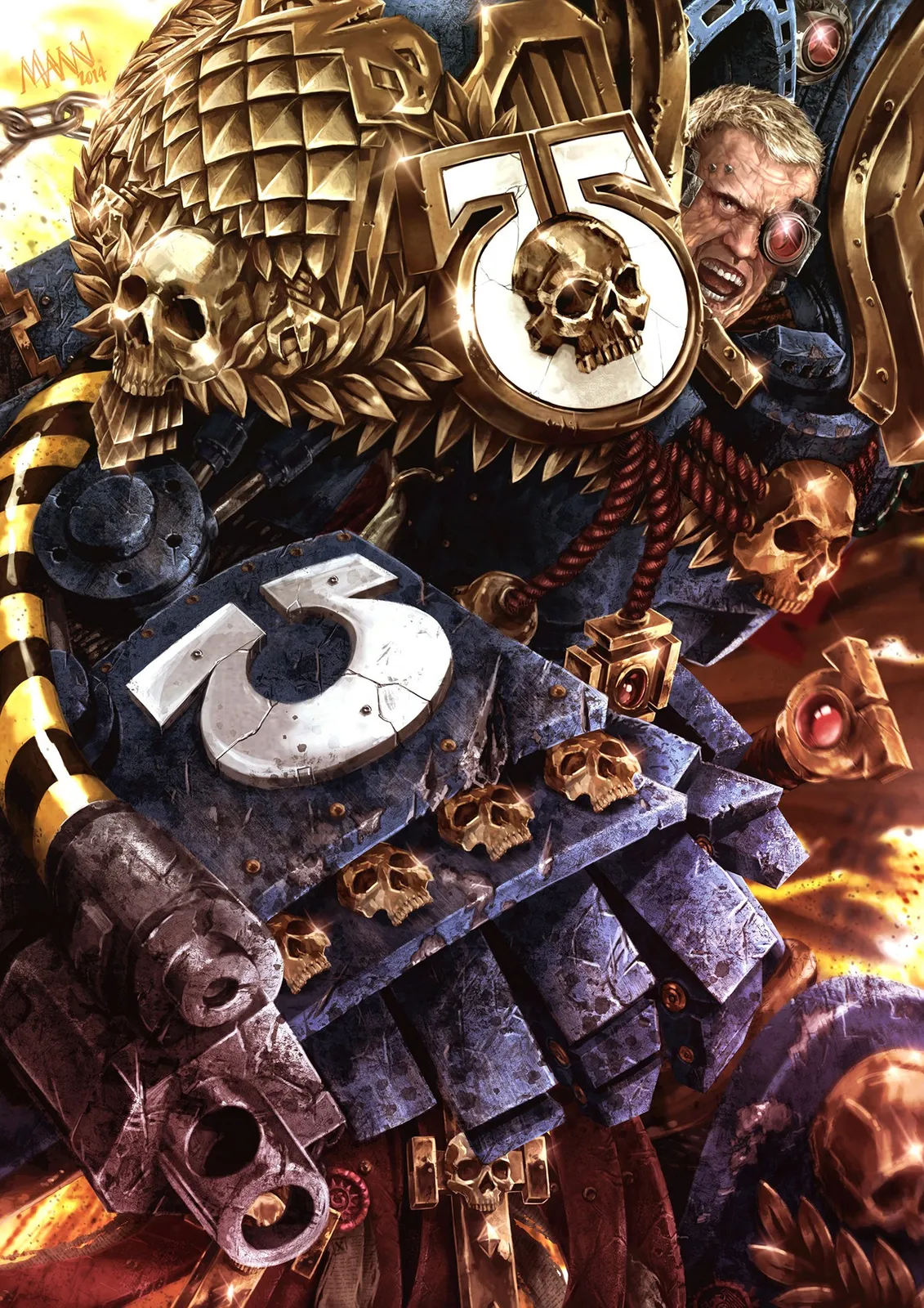 Marneus Calgar in gold-trimmed blue armor beneath a skull and Ultramarines heraldry (fan art)