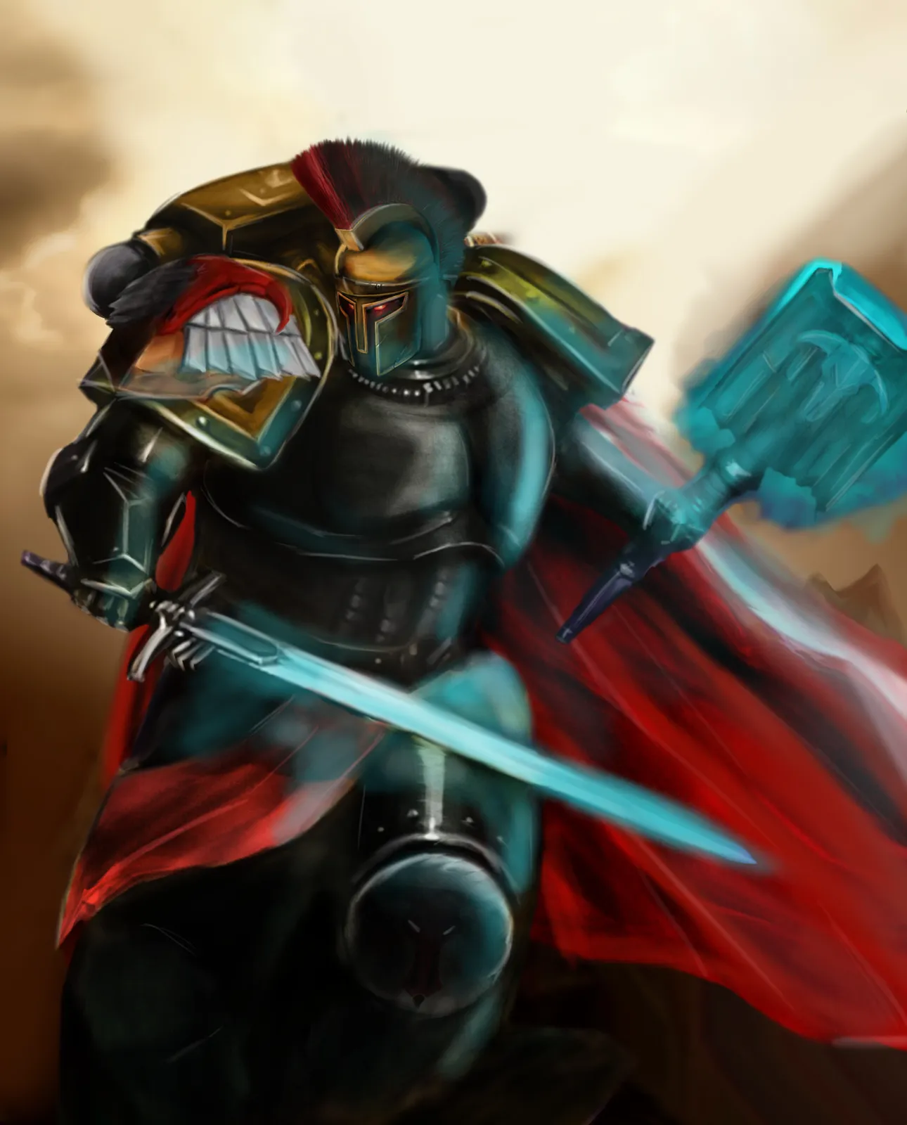 A Minotaurs Chaplain with a crested helm and red cloak strikes with glowing power weapons