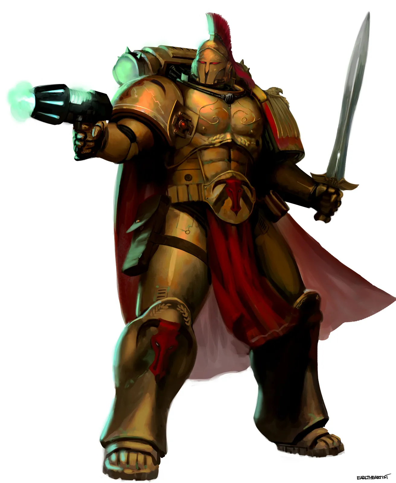 A Minotaurs veteran captain in bronze armor and a crested helmet, with sword and pistol