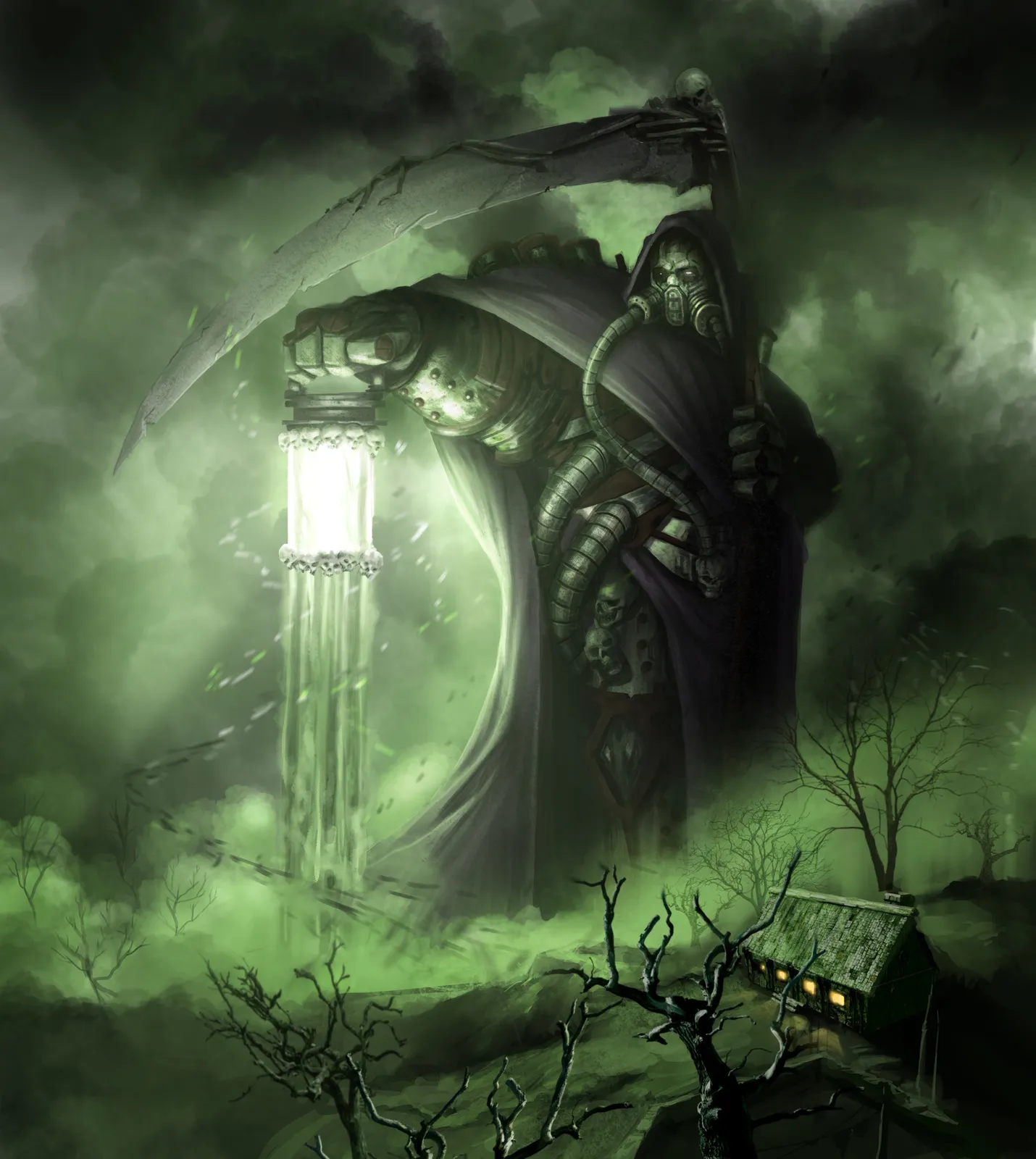 Mortarion as a hooded reaper in a rebreather, holding a scythe and a glowing lantern above the toxic green fog of Barbarus, a lit farmhouse below