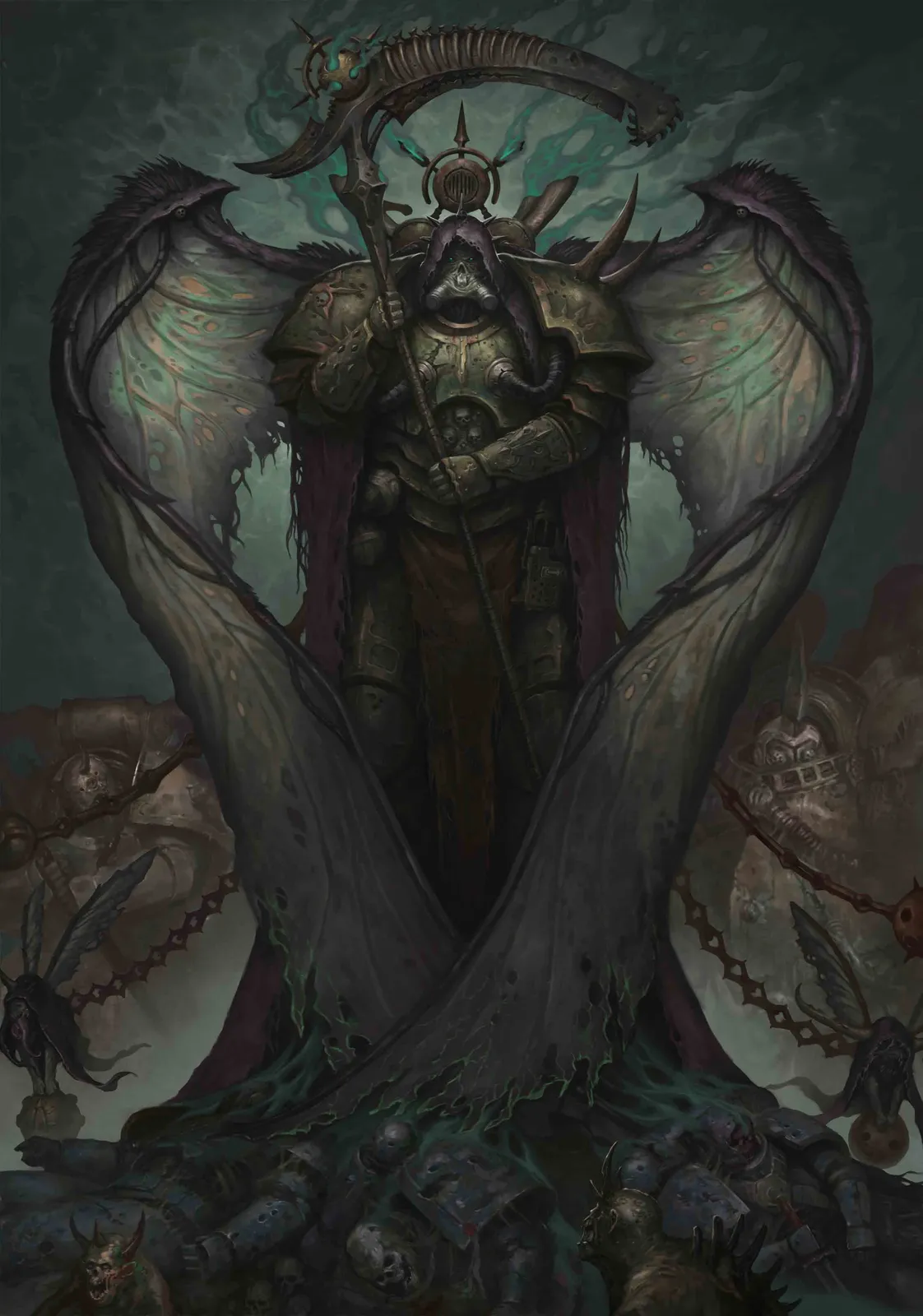 Mortarion, Daemon Primarch of Nurgle, stands with vast moth-like wings and his great scythe above a pile of corrupted bodies, plague flies around him