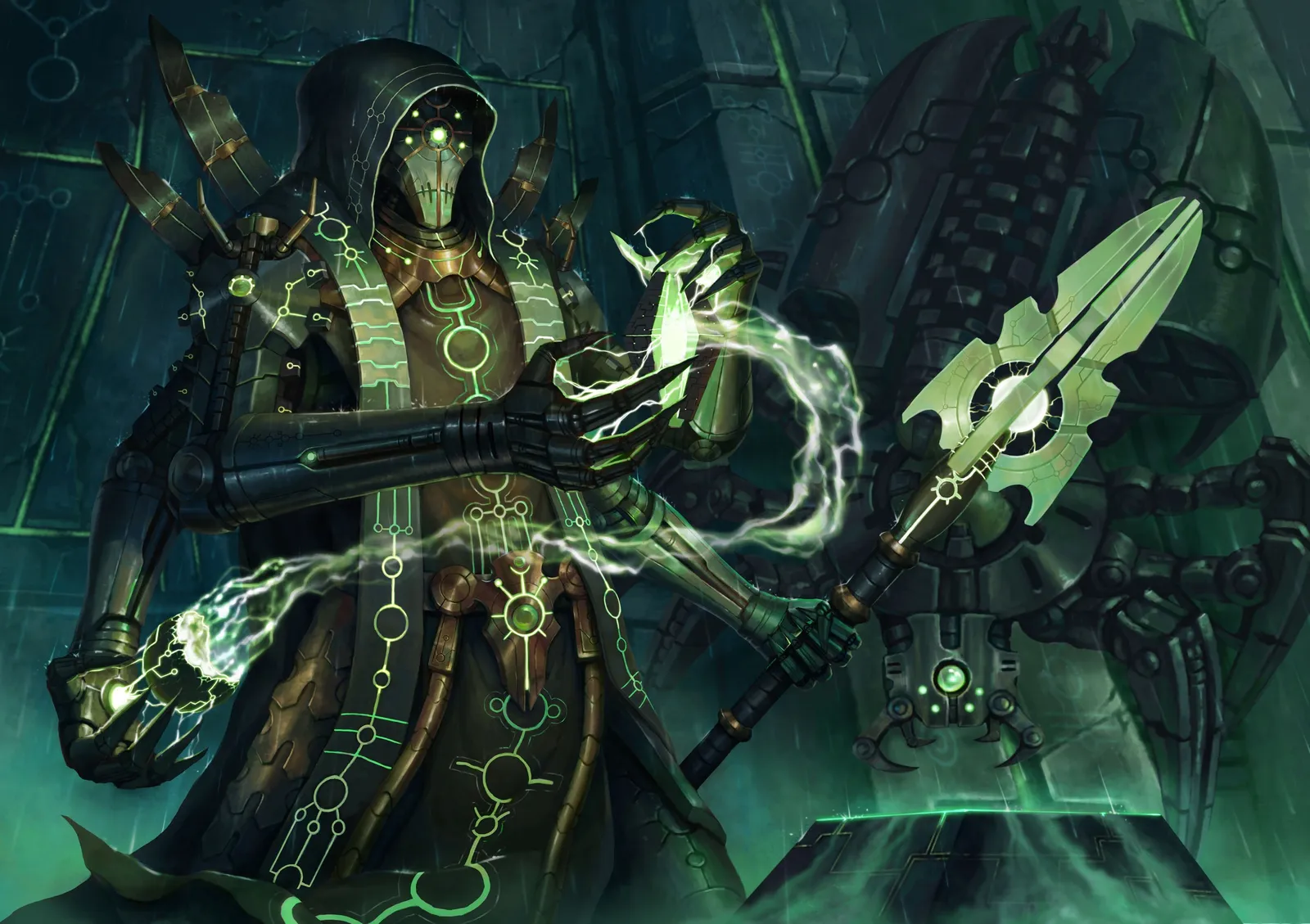 A hooded Necron Cryptek channels arcing energy between its hands inside a tomb complex