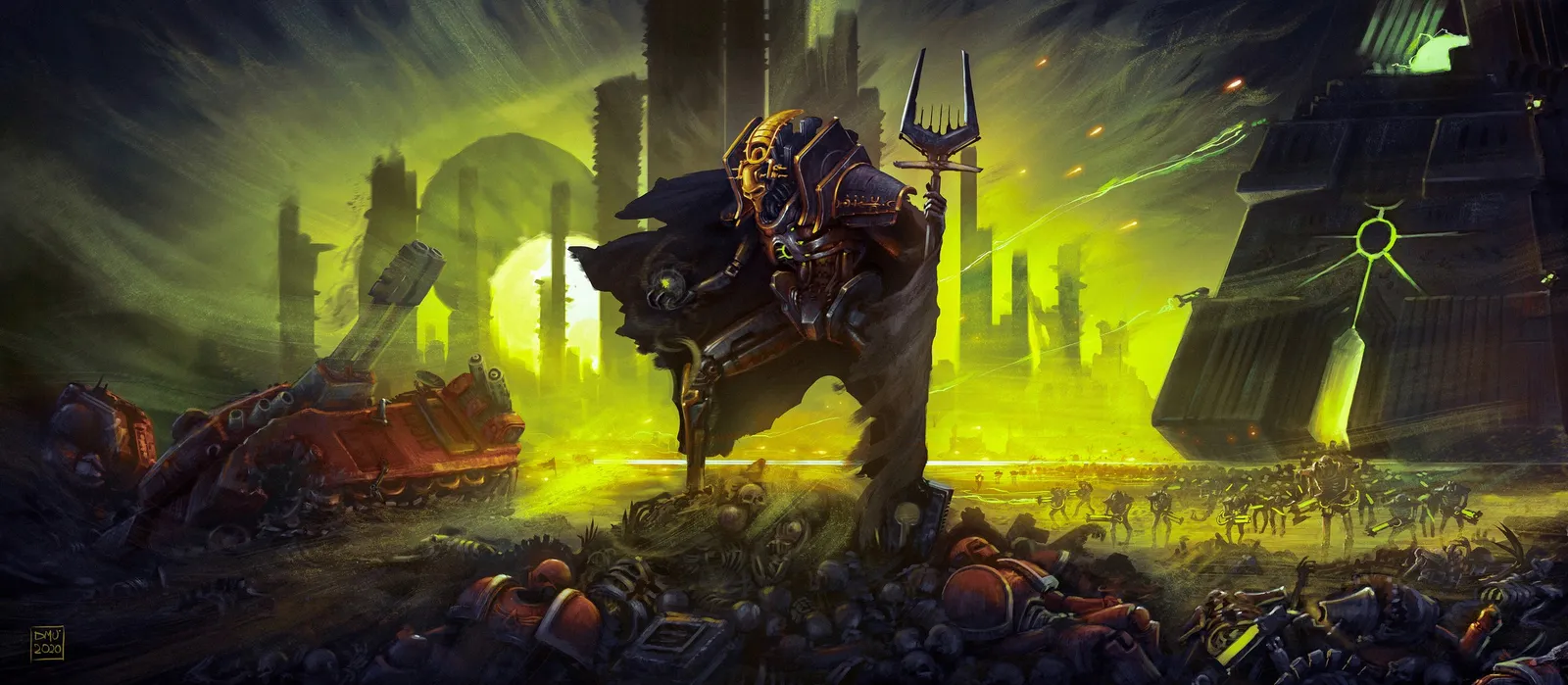A towering Necron lord leads his legions past a monolith under a green, burning sky