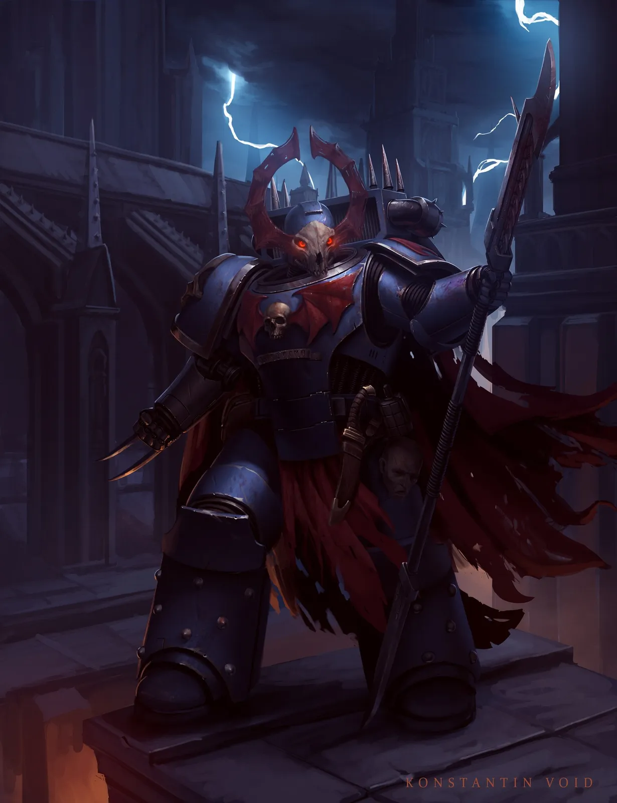 A Night Lords champion in bat-winged midnight-blue armor stands on a gothic parapet under a lightning-split sky, a trophy head hanging at his belt
