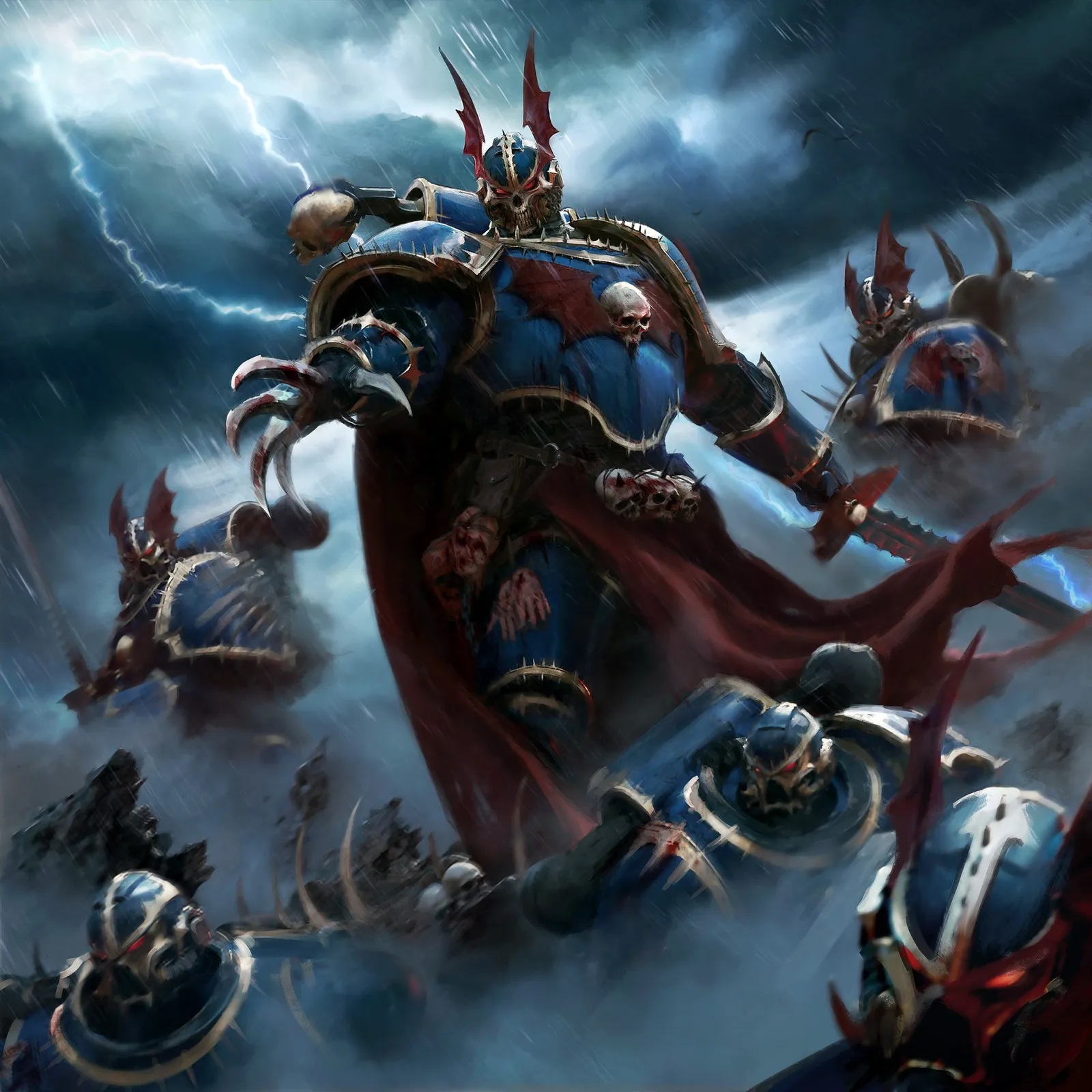 A Night Lords lord with lightning claws and a tattered red cloak leads his warriors out of a storm, skulls and bat-wing crests on their armor