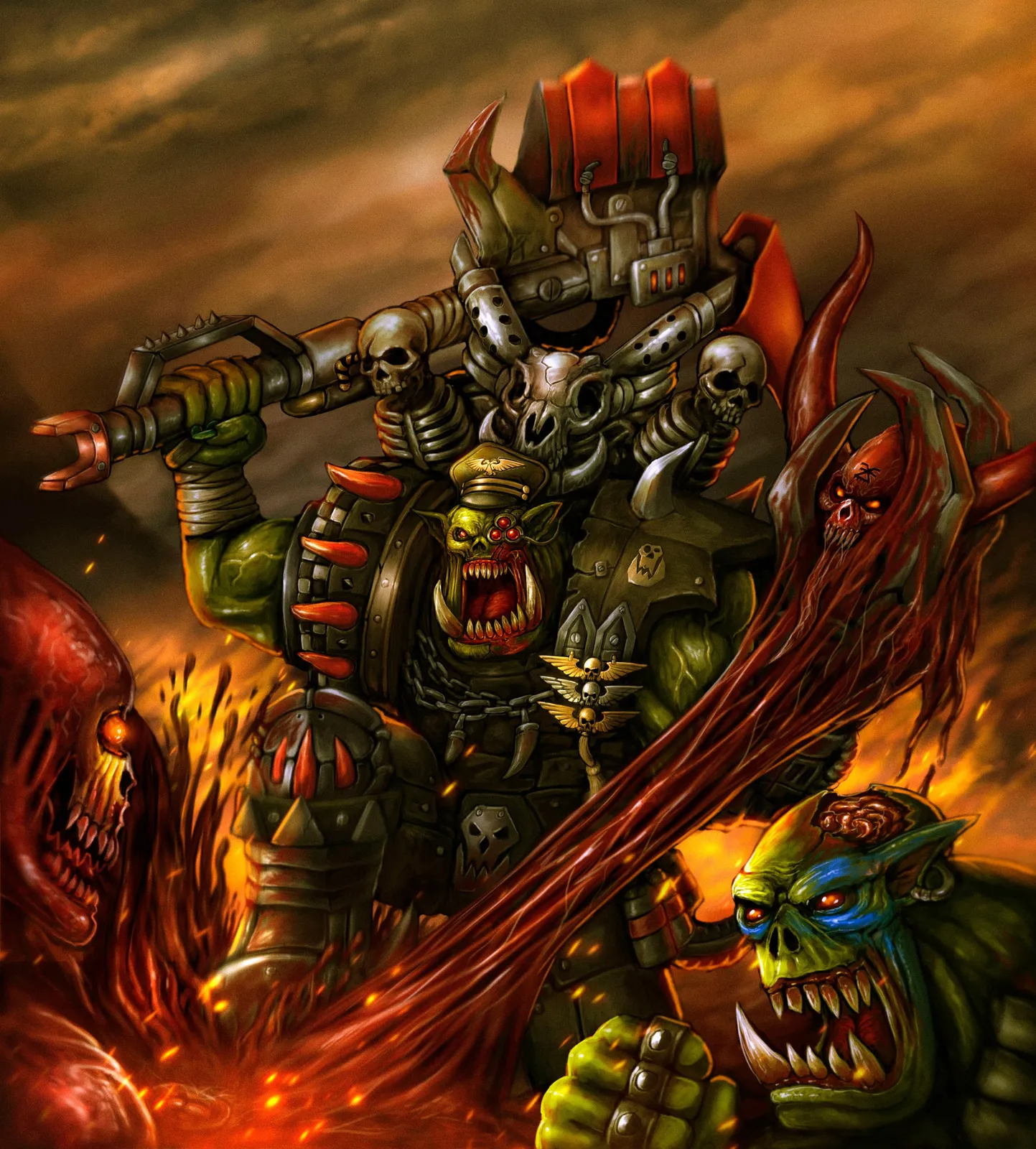 A Blood Axe Ork Warboss in looted Imperial gear and a commissar cap roars amid flames