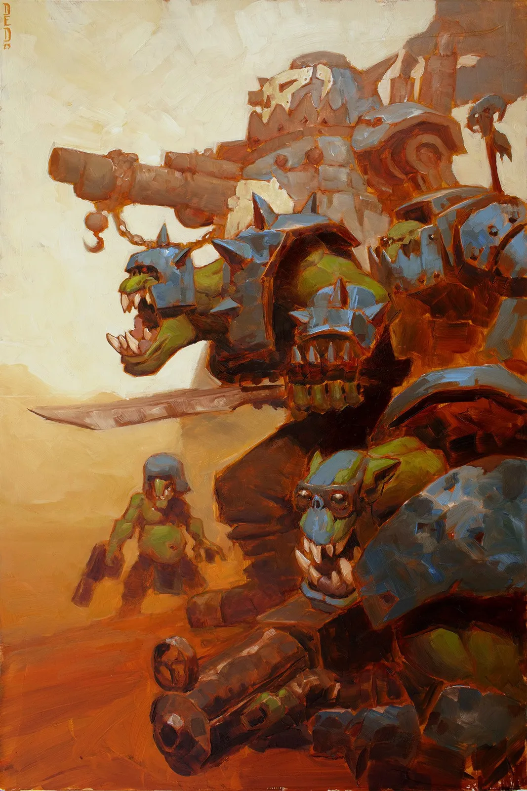 Blue-painted Deathskulls Orks advance through orange dust with a looted gun on their backs