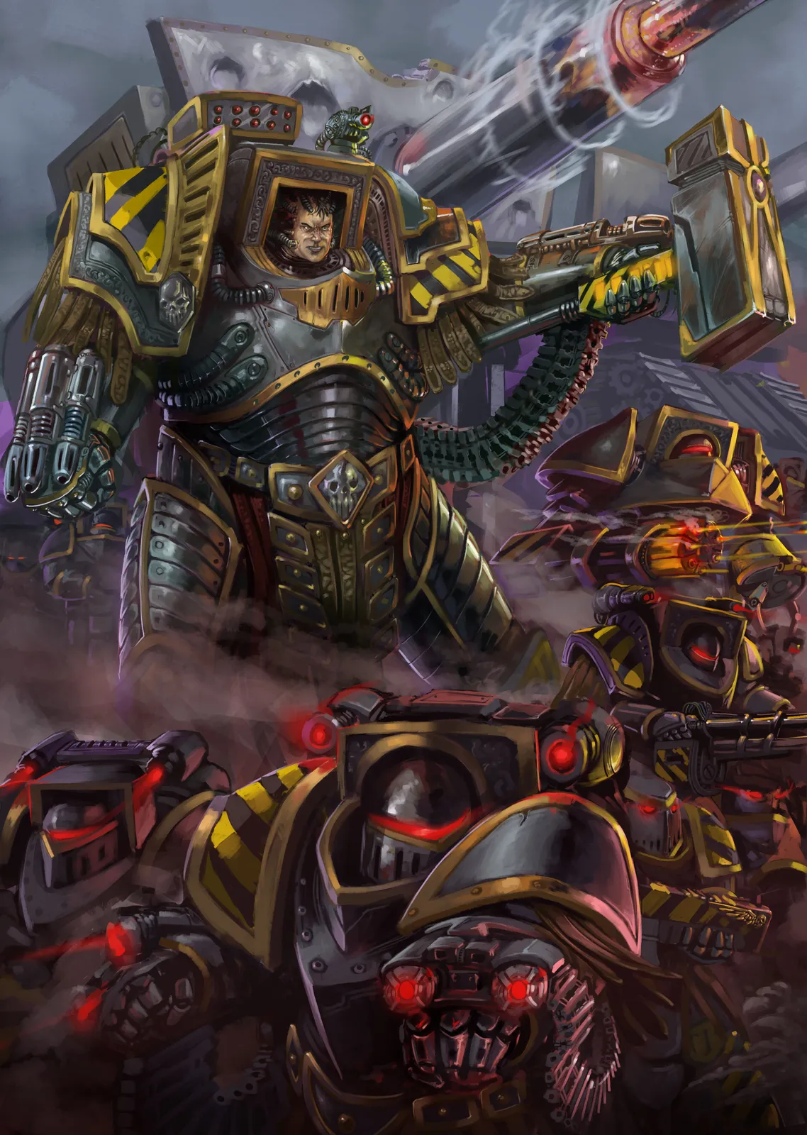 Perturabo in massive hazard-striped armor with a cannon on his shoulder, leading his Iron Warriors Terminators through smoke and ruins