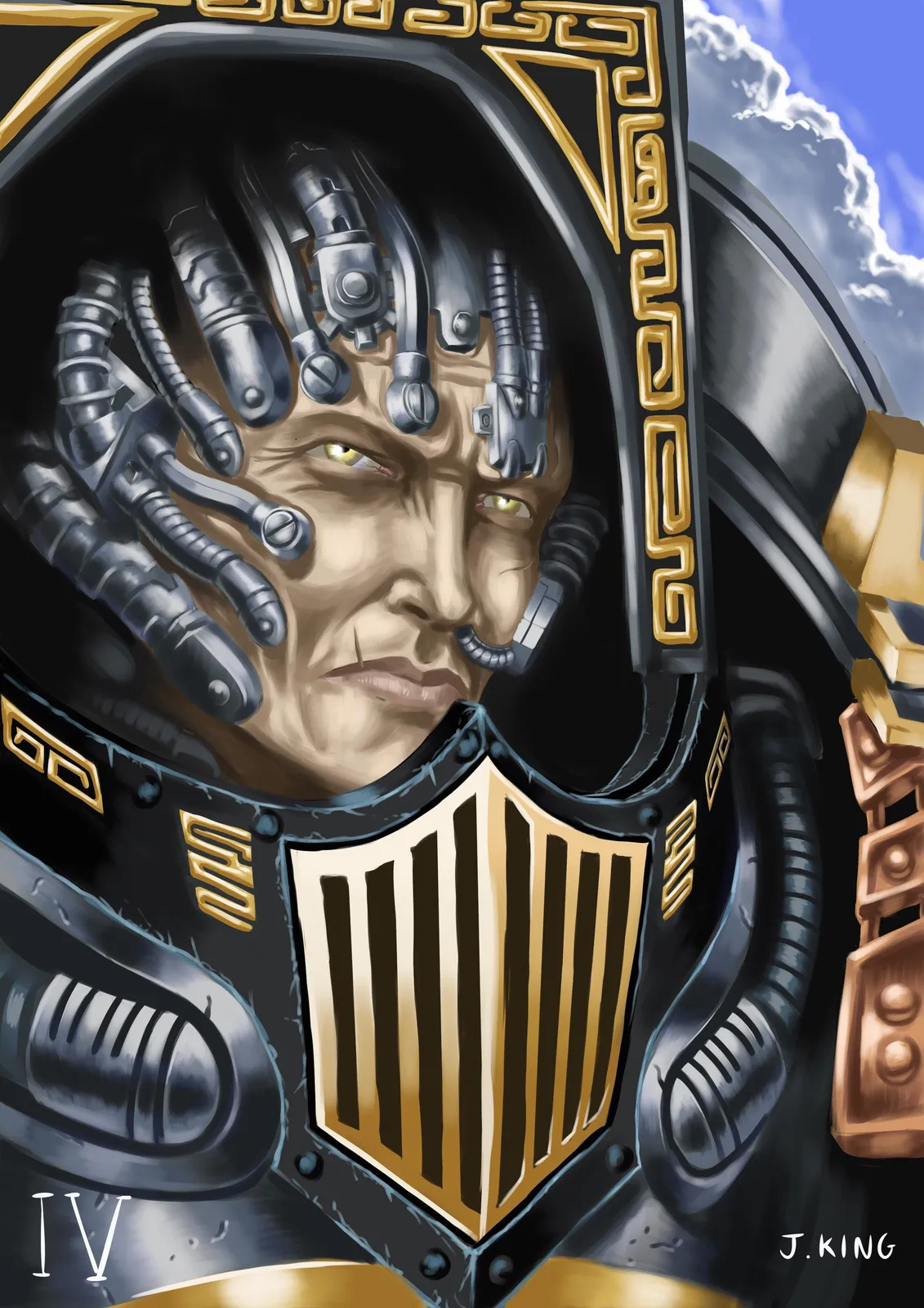 Close portrait of Perturabo, his head studded with cables and implants, his face lined and severe inside a black armored collar trimmed with gold and hazard stripes