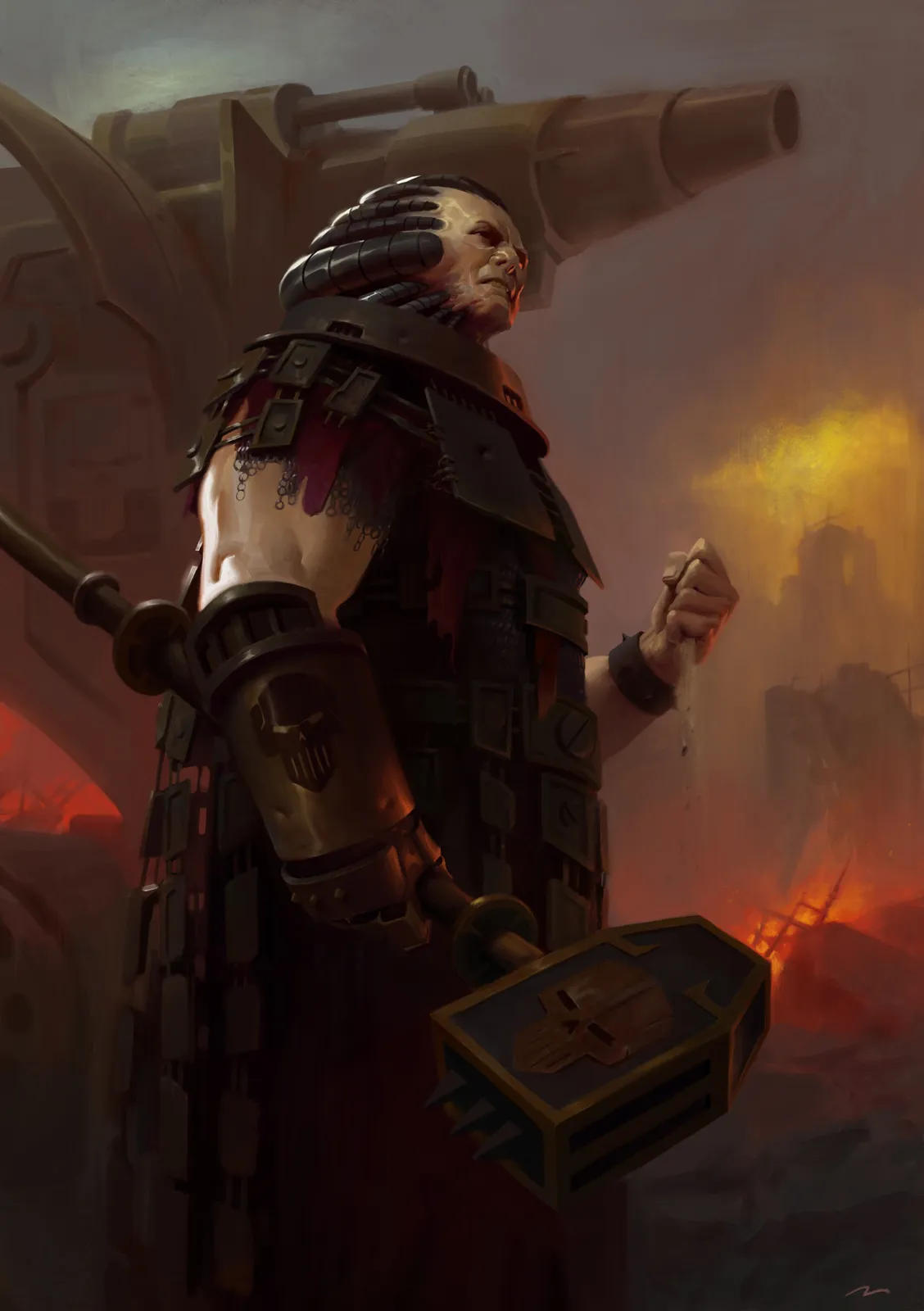 Perturabo stands on a burning battlefield in dark robes and armor, a massive siege hammer in his hand and a giant gun barrel behind him
