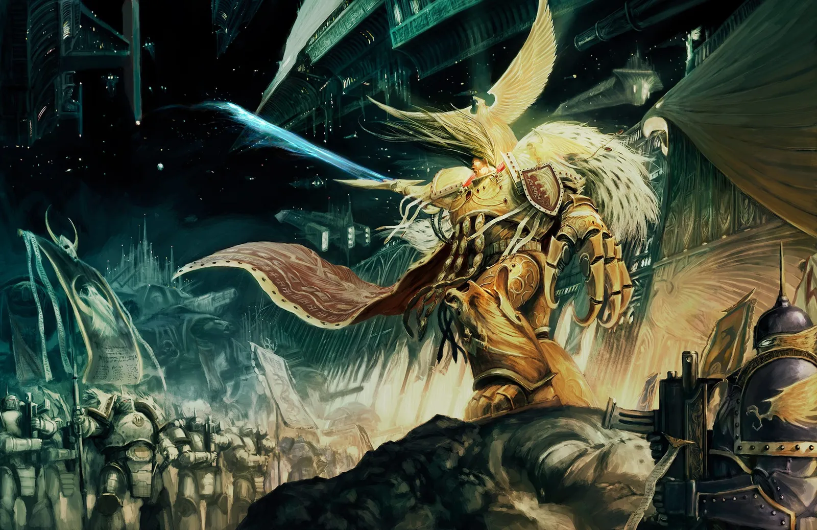The Emperor of Mankind, wreathed in light and fur, surveys His armies of the Great Crusade from a rocky height