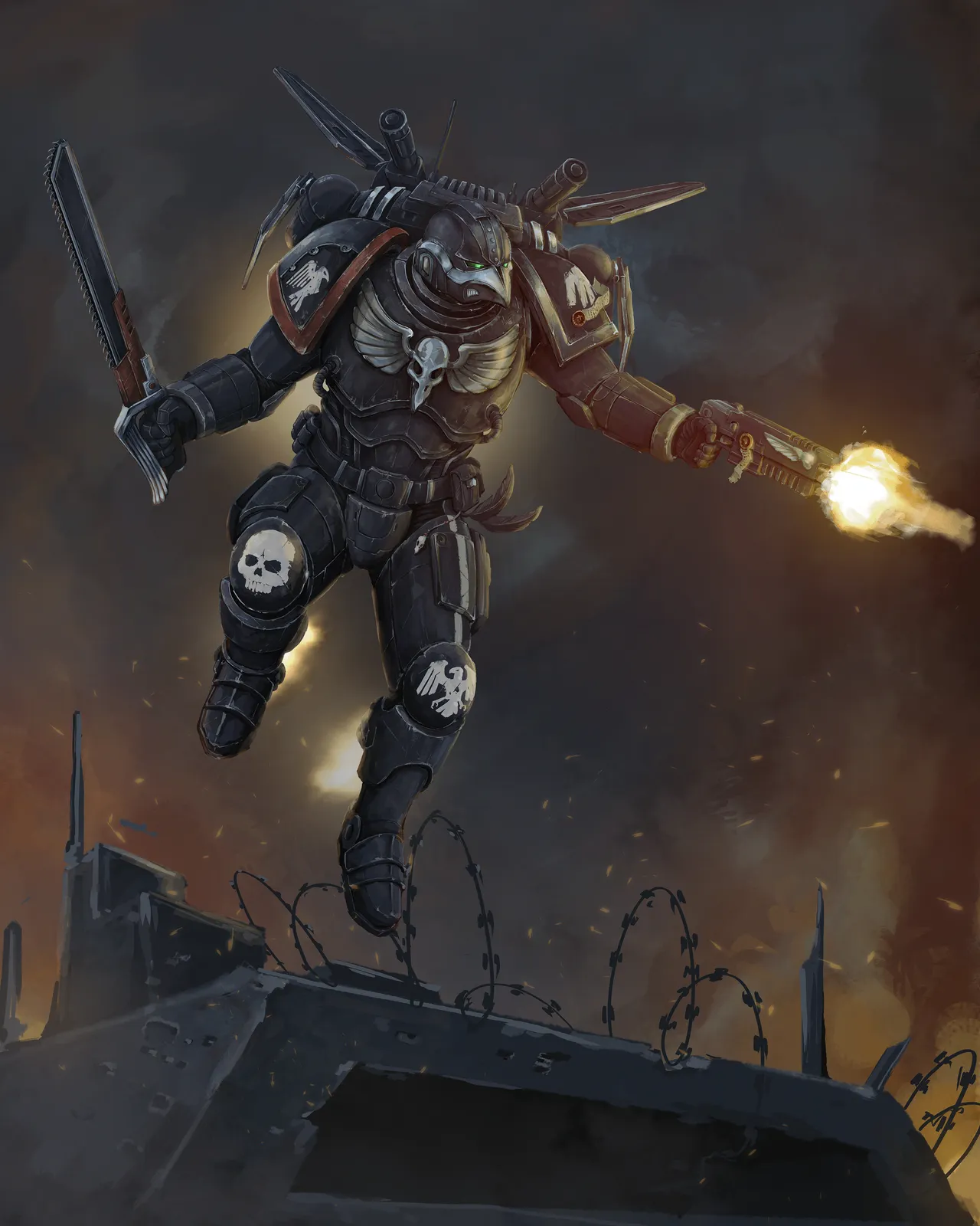 A Raven Guard Space Marine leaps from a ruined bunker with a jump pack, chainsword and bolt pistol