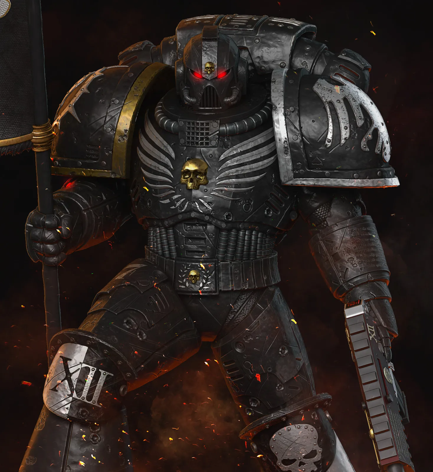 A heavily armored Raven Guard veteran of the XIX, holding a banner pole amid sparks and smoke