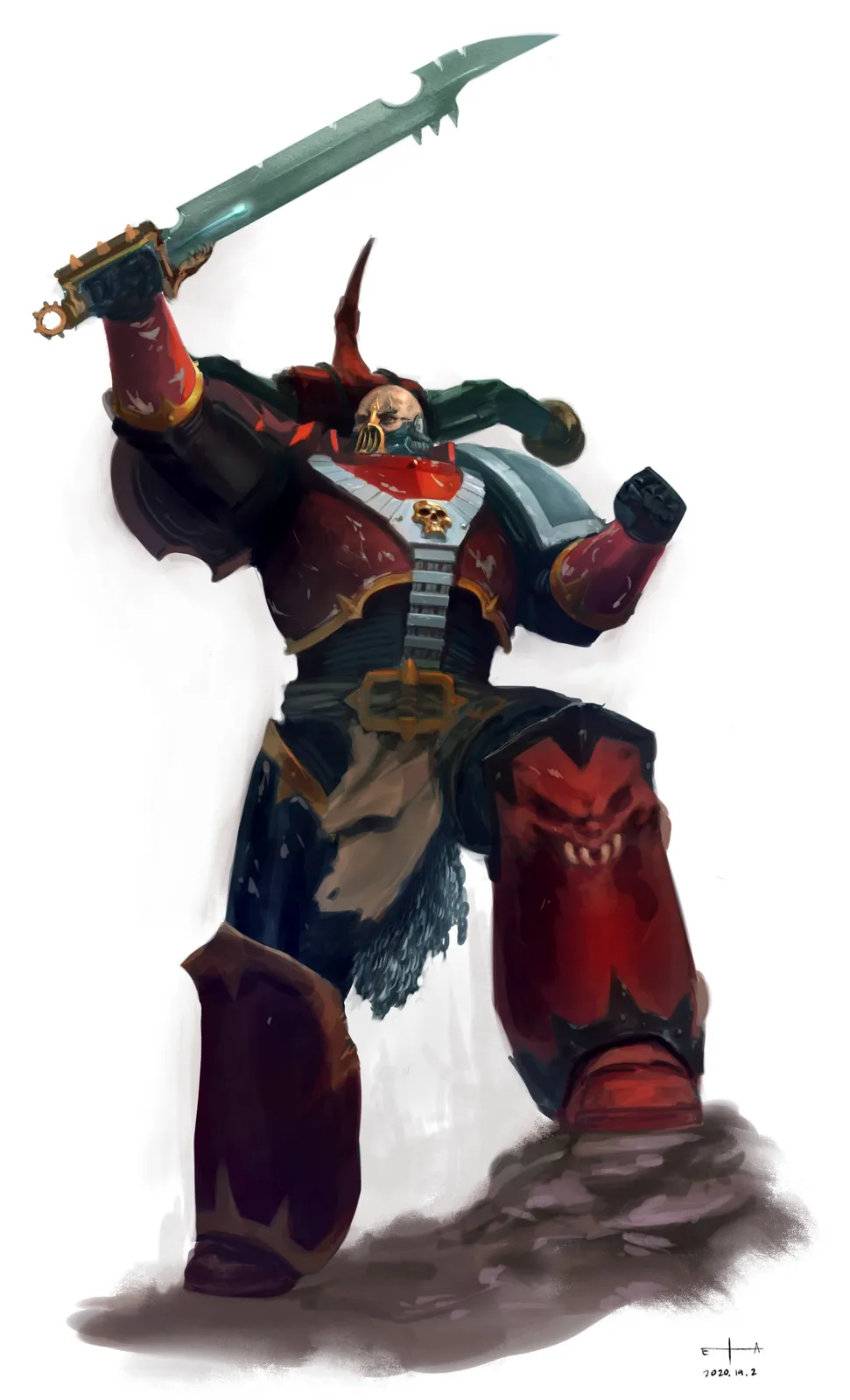 A Red Corsairs raider raises his blade, his armor still carrying the colors of a former Chapter beneath the red