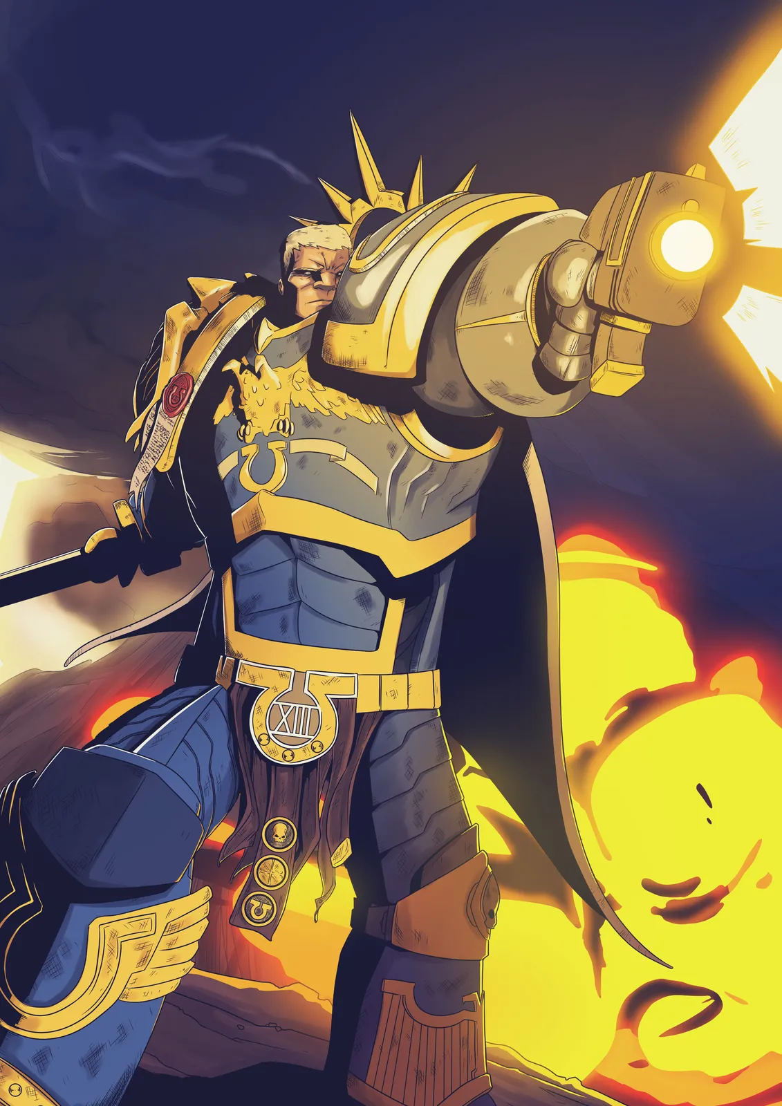 Roboute Guilliman in battle, sword in one hand and the gauntlet-mounted gun of the Hand of Dominion blazing (fan art)