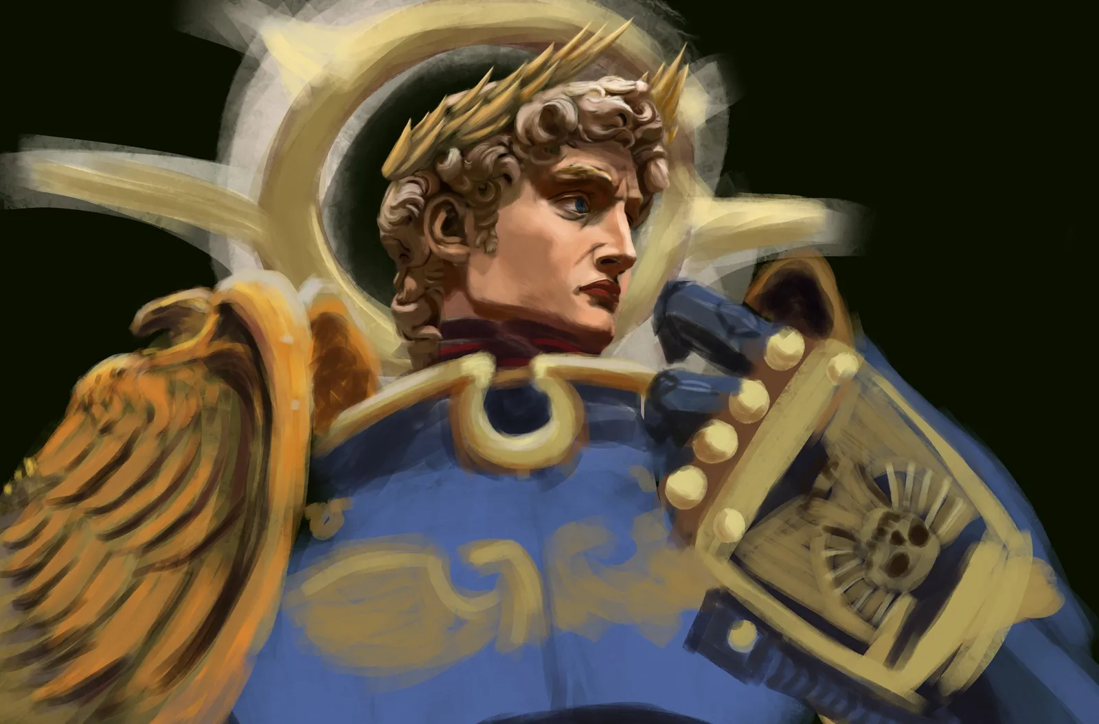 Guilliman crowned with laurels, his face modeled on Michelangelo's David (fan art)