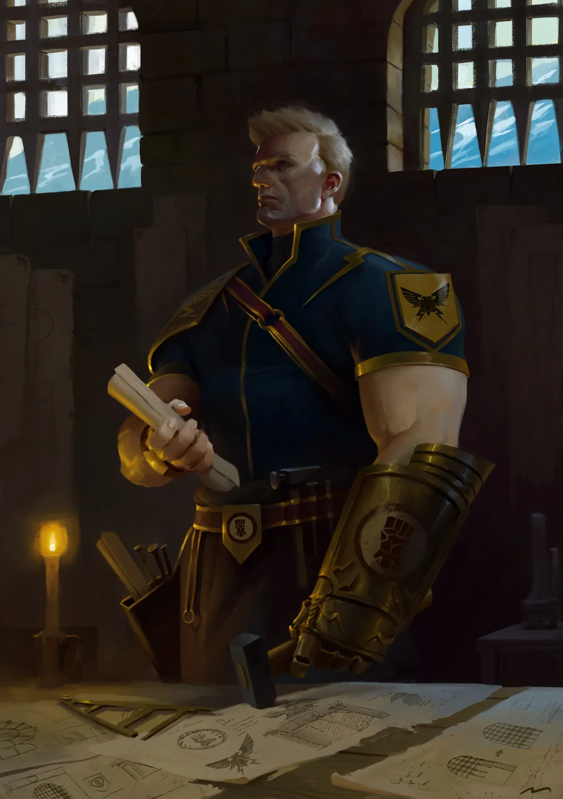 Rogal Dorn studies the plans of the Imperial Palace's defenses (interior illustration for Black Library's The Solar War)