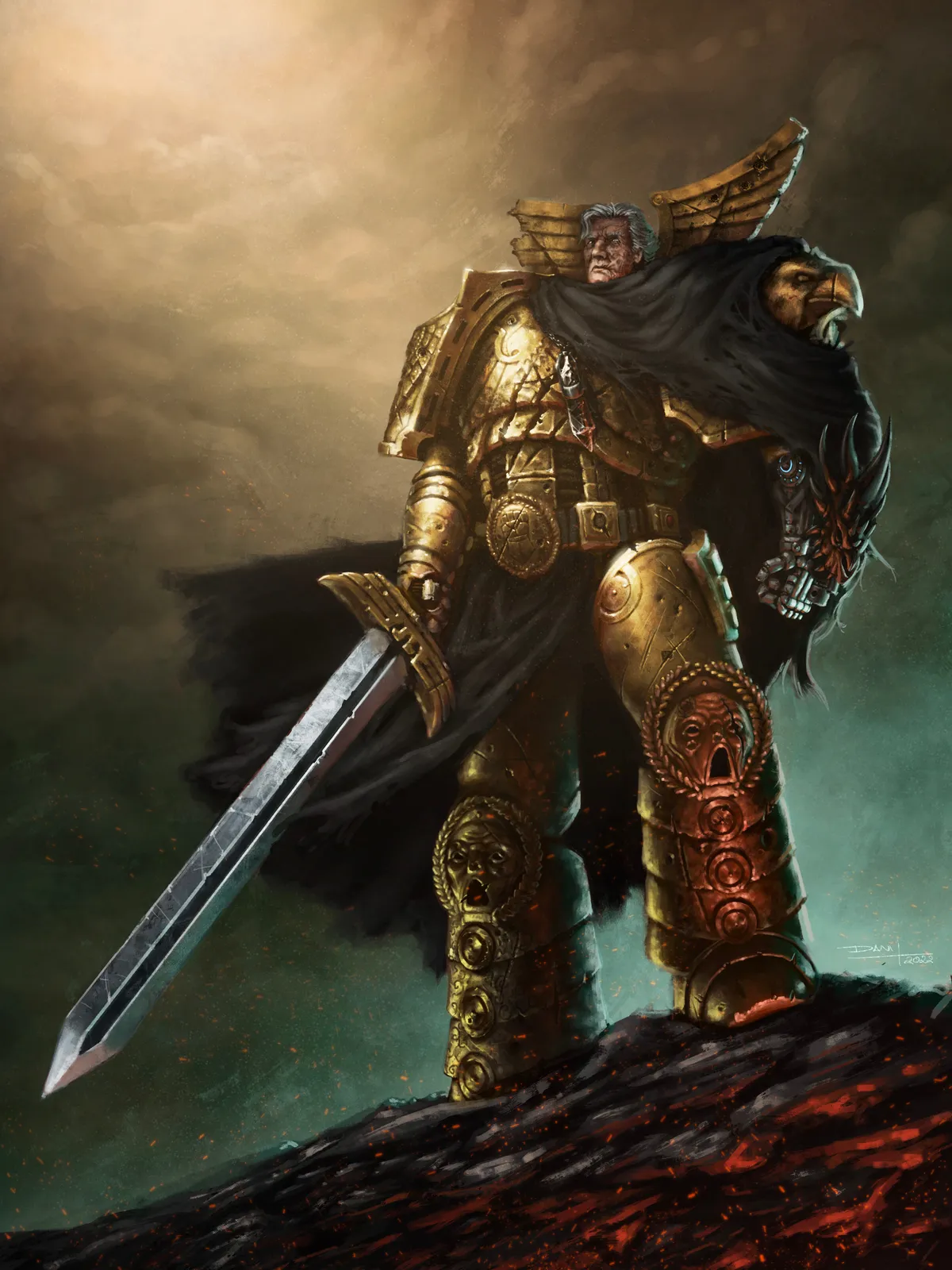 A speculative what-if Rogal Dorn returned to the 41st Millennium, his golden armor battered (fan commission, not canon)