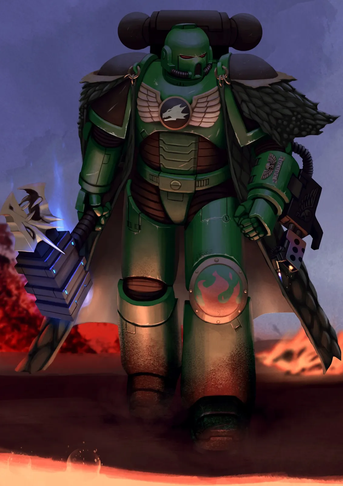 A Salamanders battle-brother in drake-scale cloak walks out of a burning landscape, hammer and bolter in hand