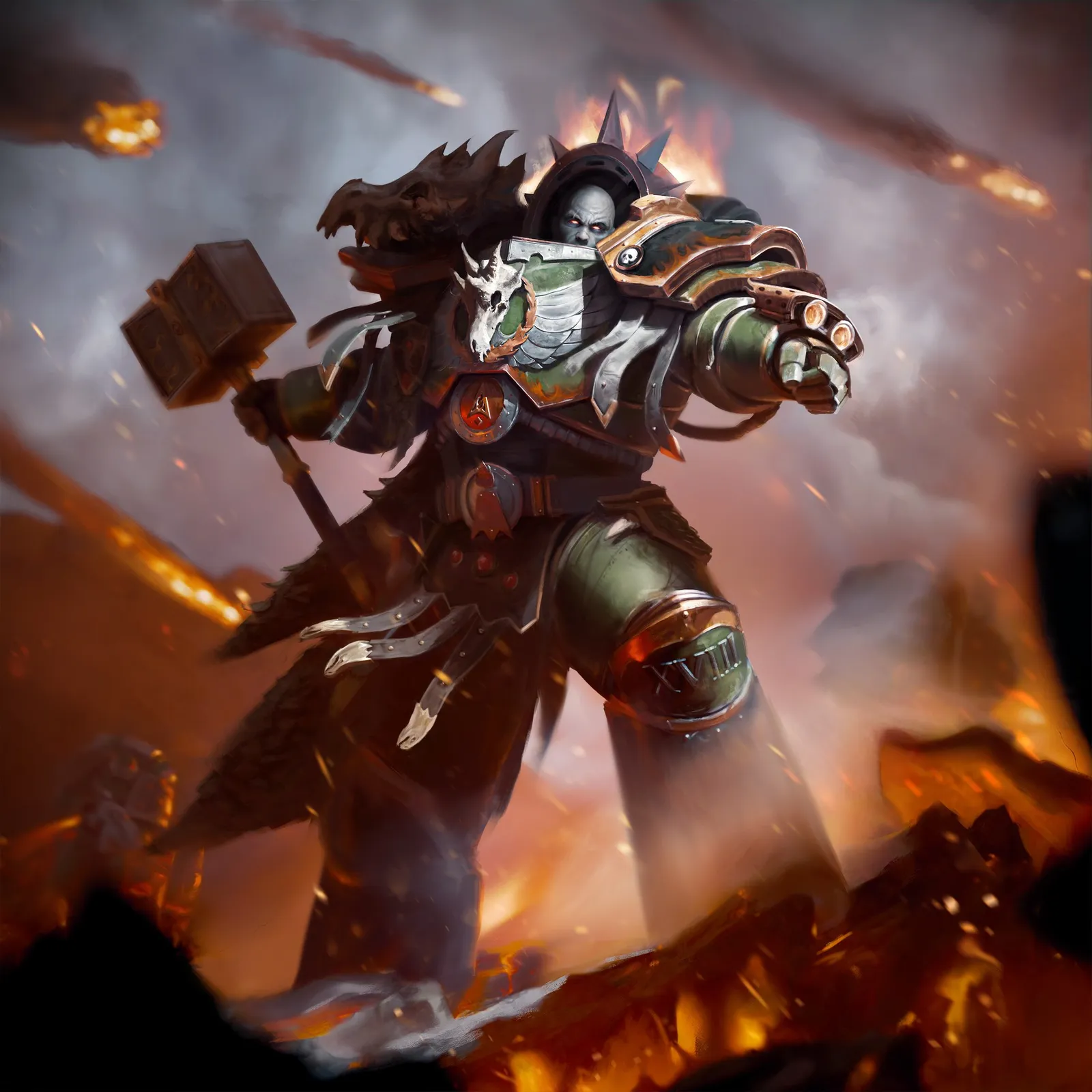 Vulkan, Primarch of the Salamanders, raises his hammer amid falling fire and molten rock