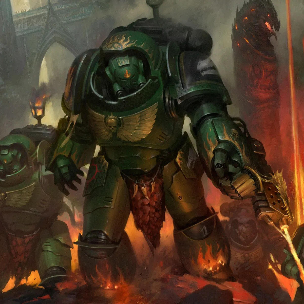 Salamanders Terminators stride through lava and flame, a great fire drake carved behind them