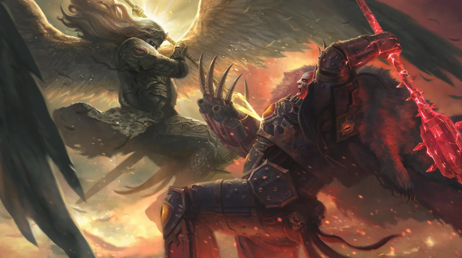 Sanguinius dives at Horus with wings outspread as the Warmaster raises his lightning claw aboard the Vengeful Spirit