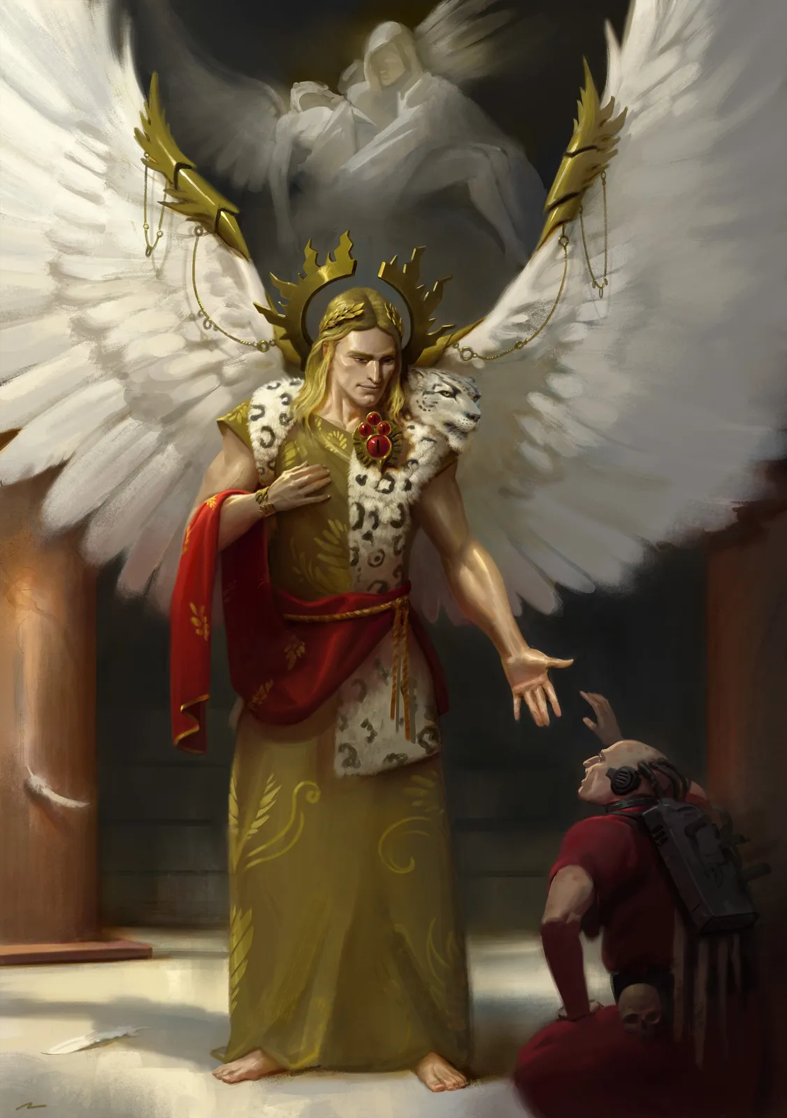 Sanguinius in robes and leopard pelt, wings spread, reaches down to a kneeling Blood Angels serf