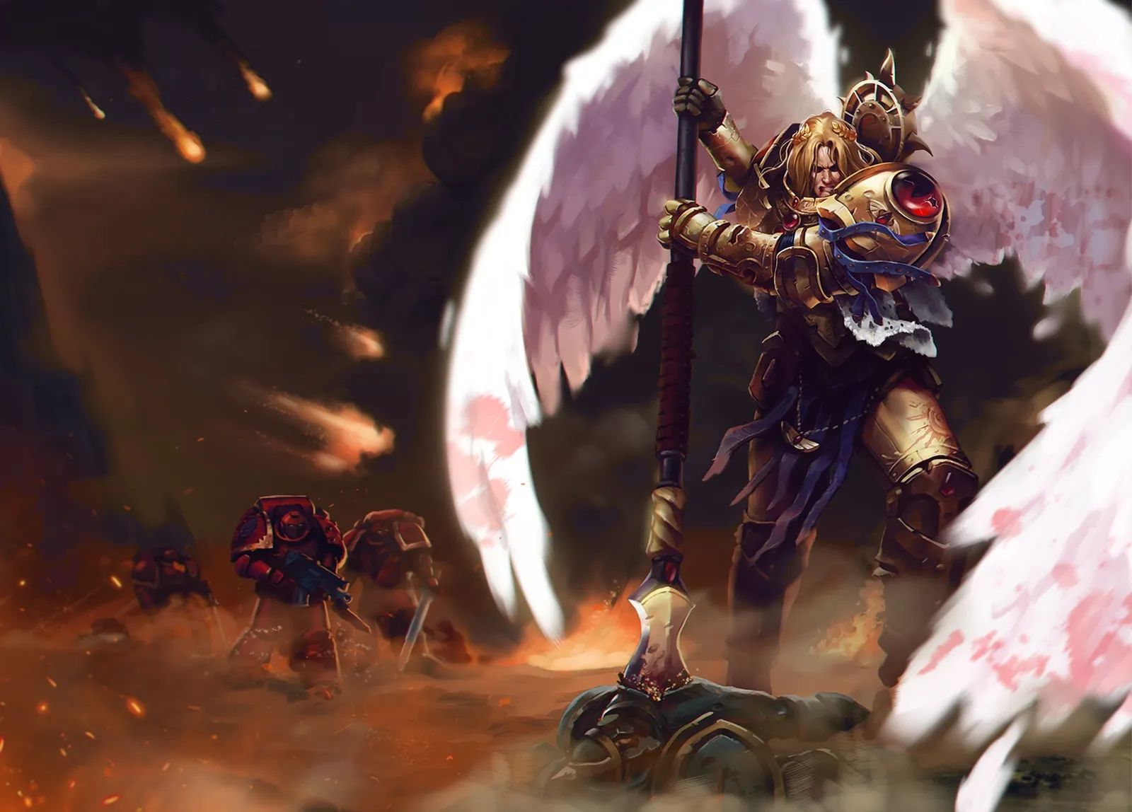 Sanguinius, spear in hand, stands over a fallen traitor as Blood Angels advance through fire during the Siege of Terra