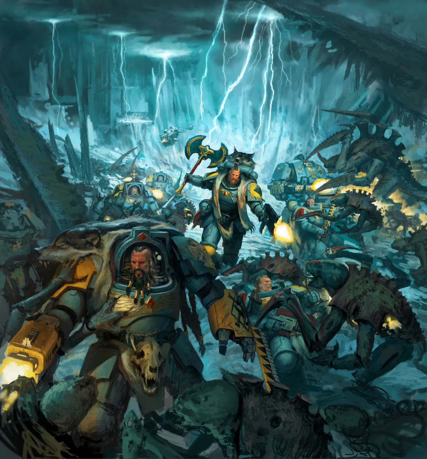 Space Wolves charge through a lightning-torn battlefield in grey Terminator and power armor