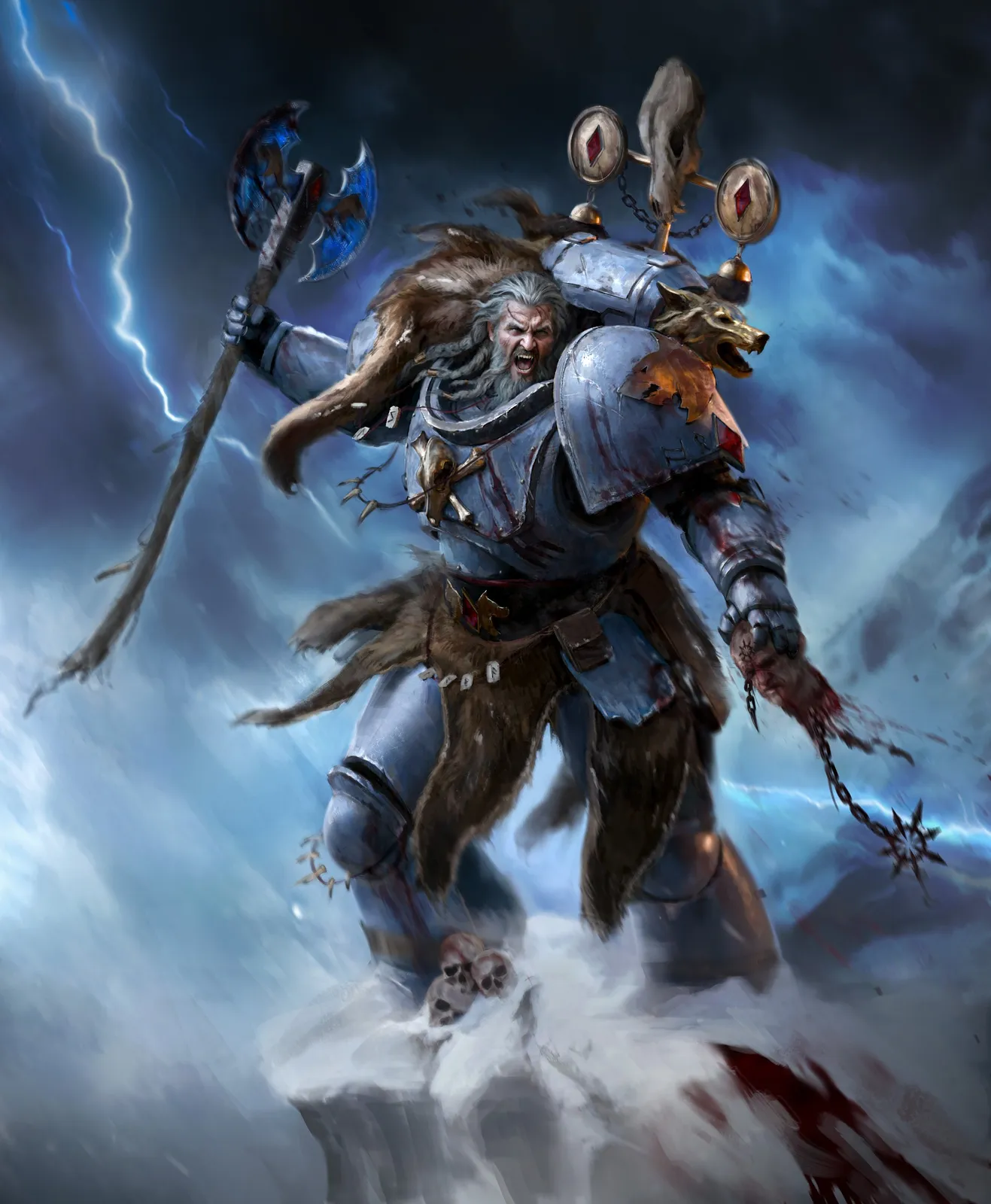 A Space Wolf in storm-blasted armor and wolf pelts strides through a blizzard with axe and staff