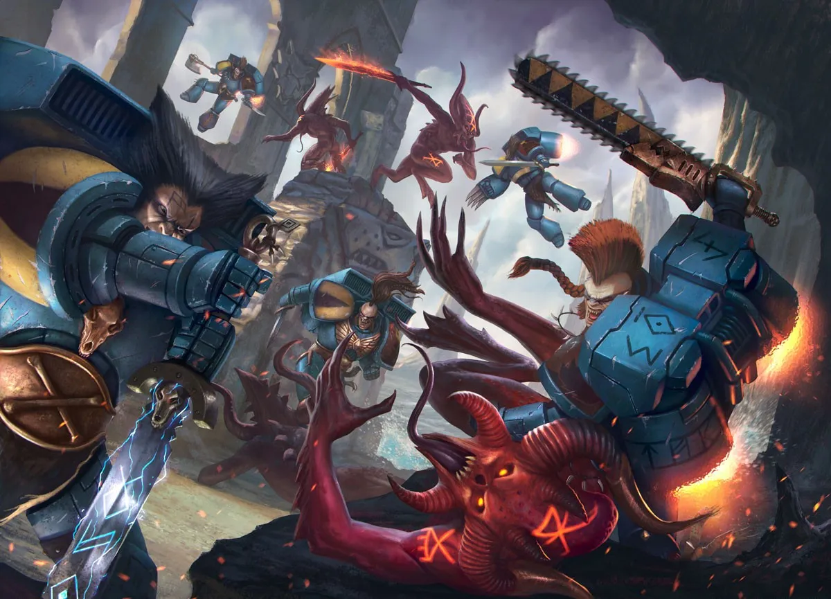 Half-feral Space Wolves and Wulfen tear into Khornate Bloodletters in the ruins