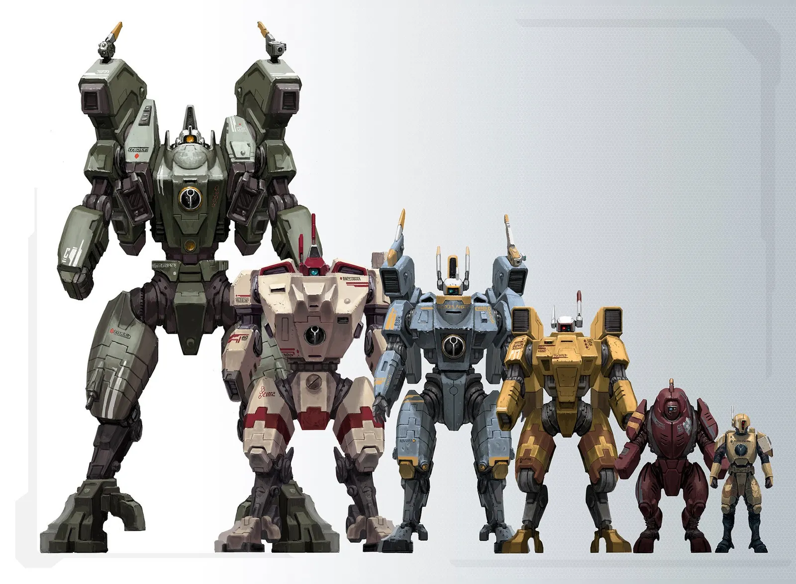 A lineup of T'au battlesuits, from the towering Riptide down to a lone Fire Warrior for scale