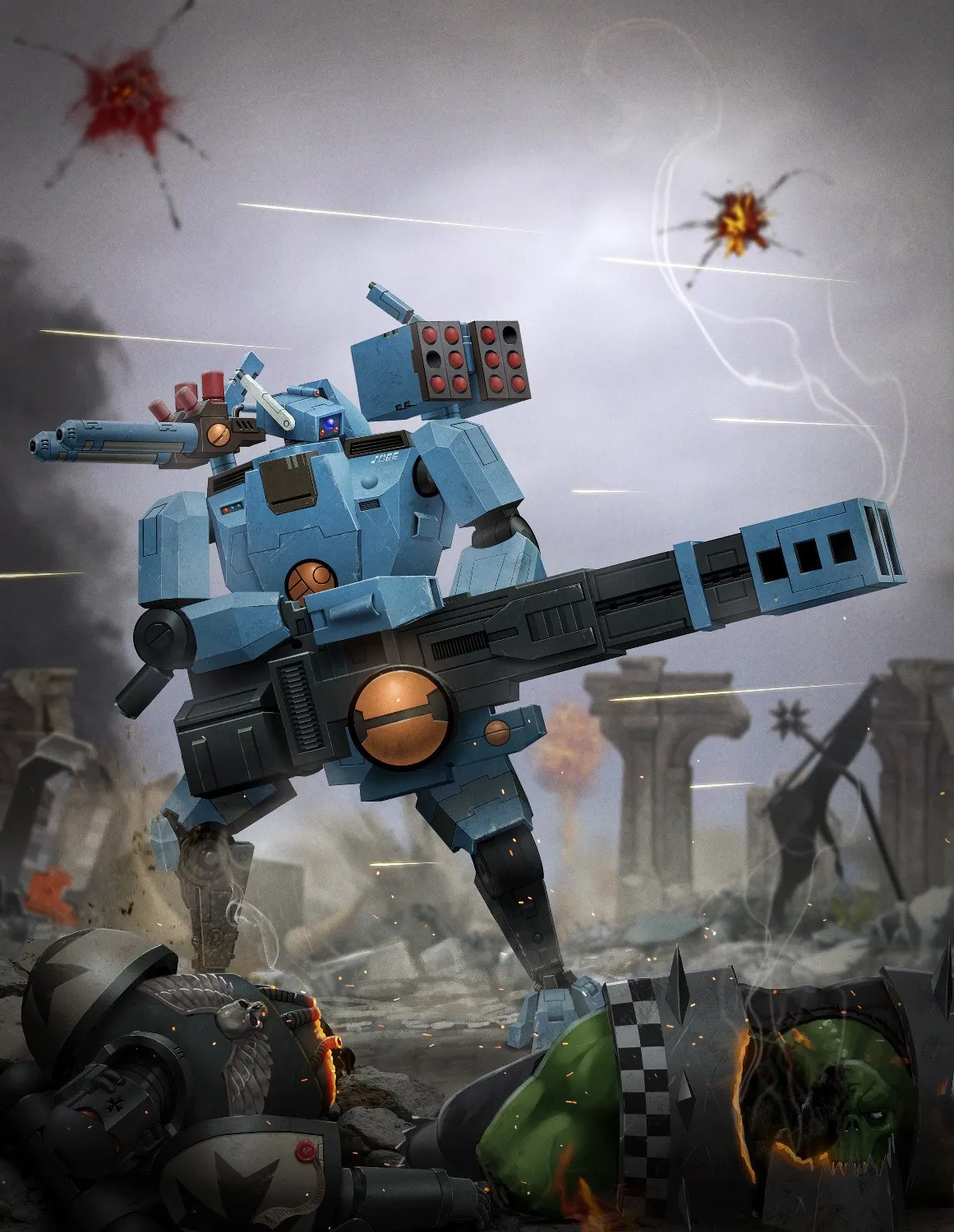 A blue XV88 Broadside battlesuit fires its heavy rail weapon across a ruined battlefield strewn with fallen Space Marines and Orks
