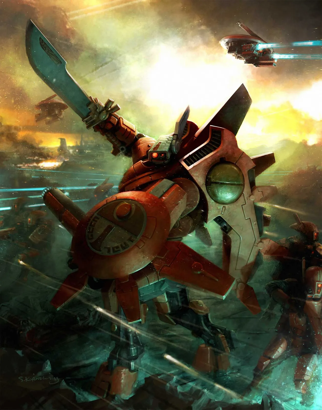 Commander Farsight in his red battlesuit raises the Dawn Blade as T'au forces advance through a storm-lit battlefield