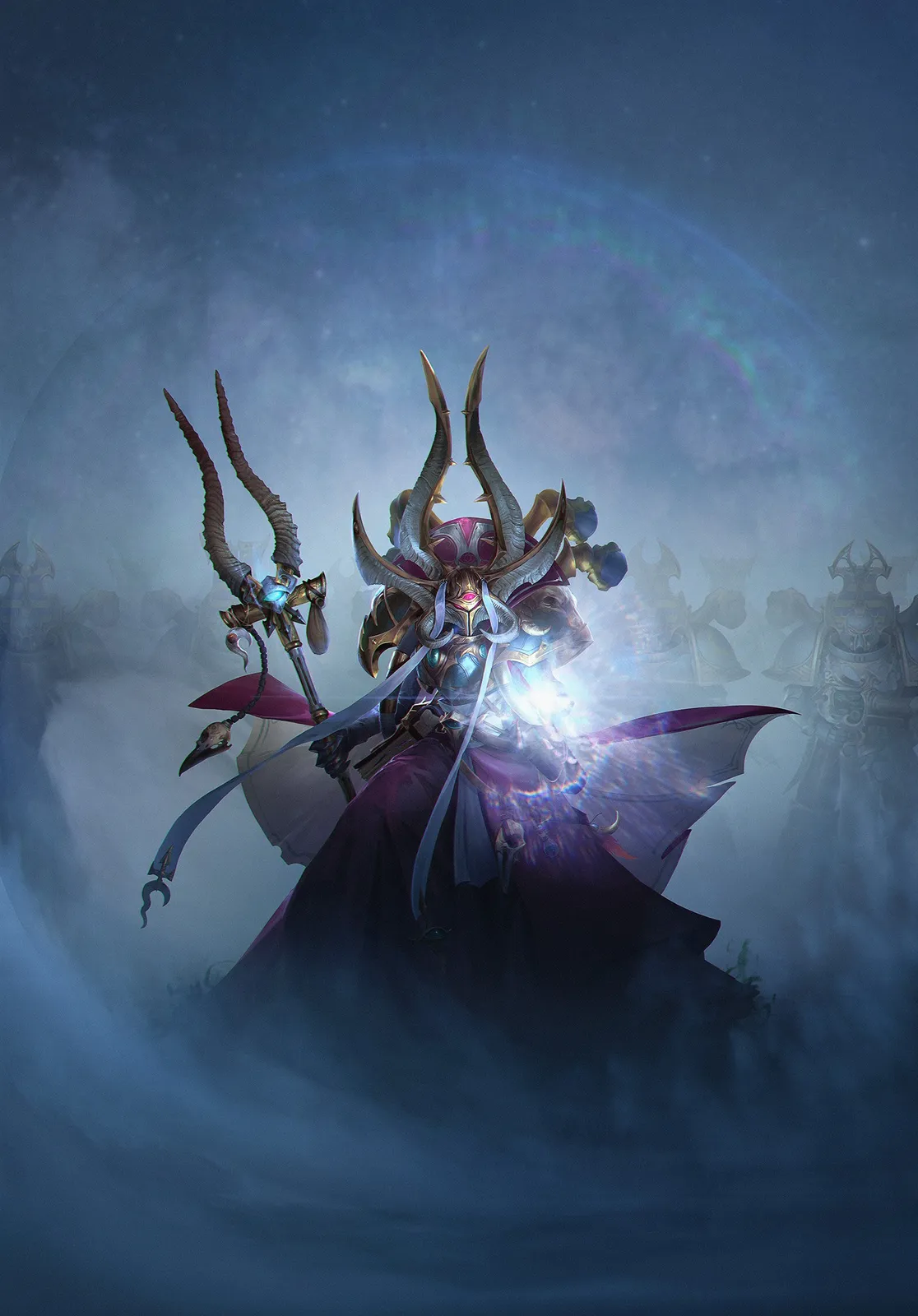 Ahzek Ahriman, arch-sorcerer of the Thousand Sons, conjures a sphere of light amid a misty Warp storm, ghostly Rubric Marines behind him