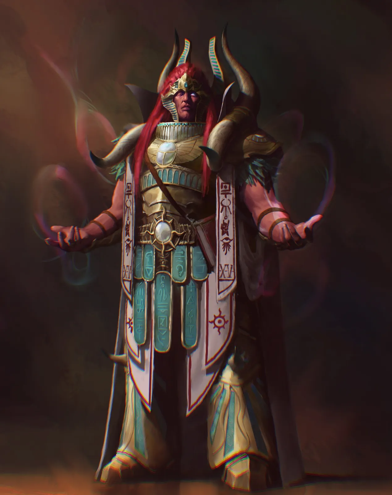 Magnus the Red, Primarch of the Thousand Sons, in Egyptian-inspired robes and horned helm, psychic power swirling around his open hands