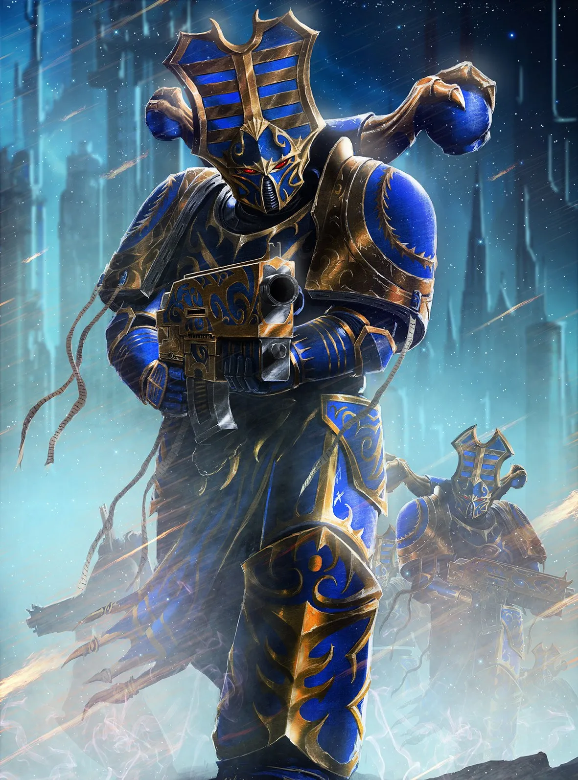 A Rubric Marine of the Thousand Sons in ornate blue and gold armor marches forward with a bolter, another Rubric behind it